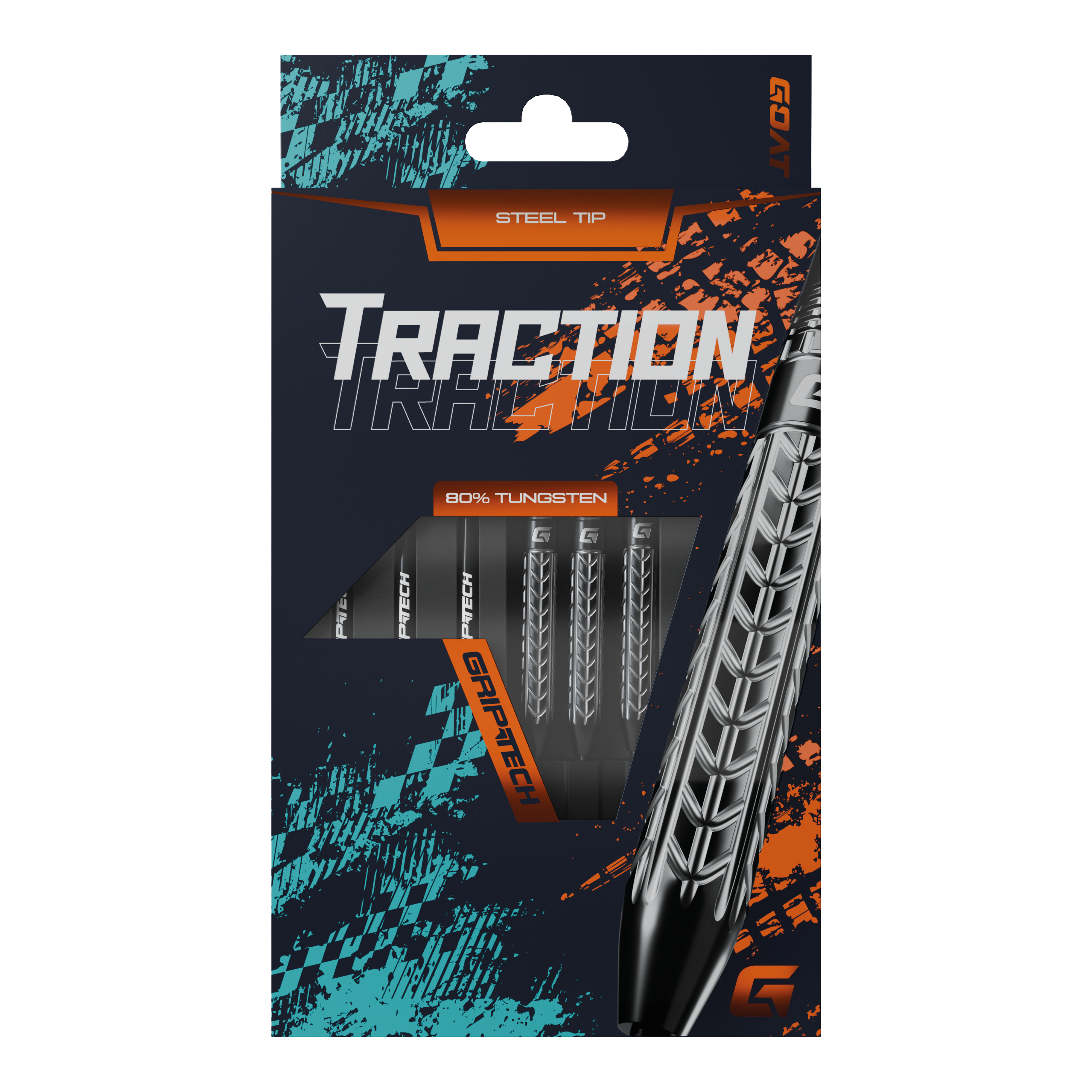 Fléchettes GOAT Traction en acier tungstène Die Abbildung zeigt die Verpackung der "GOAT Traction Tungsten Steeldarts" mit Stahlspitzen. Auf der Vorderseite ist das auffällige Design und der Hinweis auf 80% Tungsten sowie GRIPTECH deutlich sichtbar.