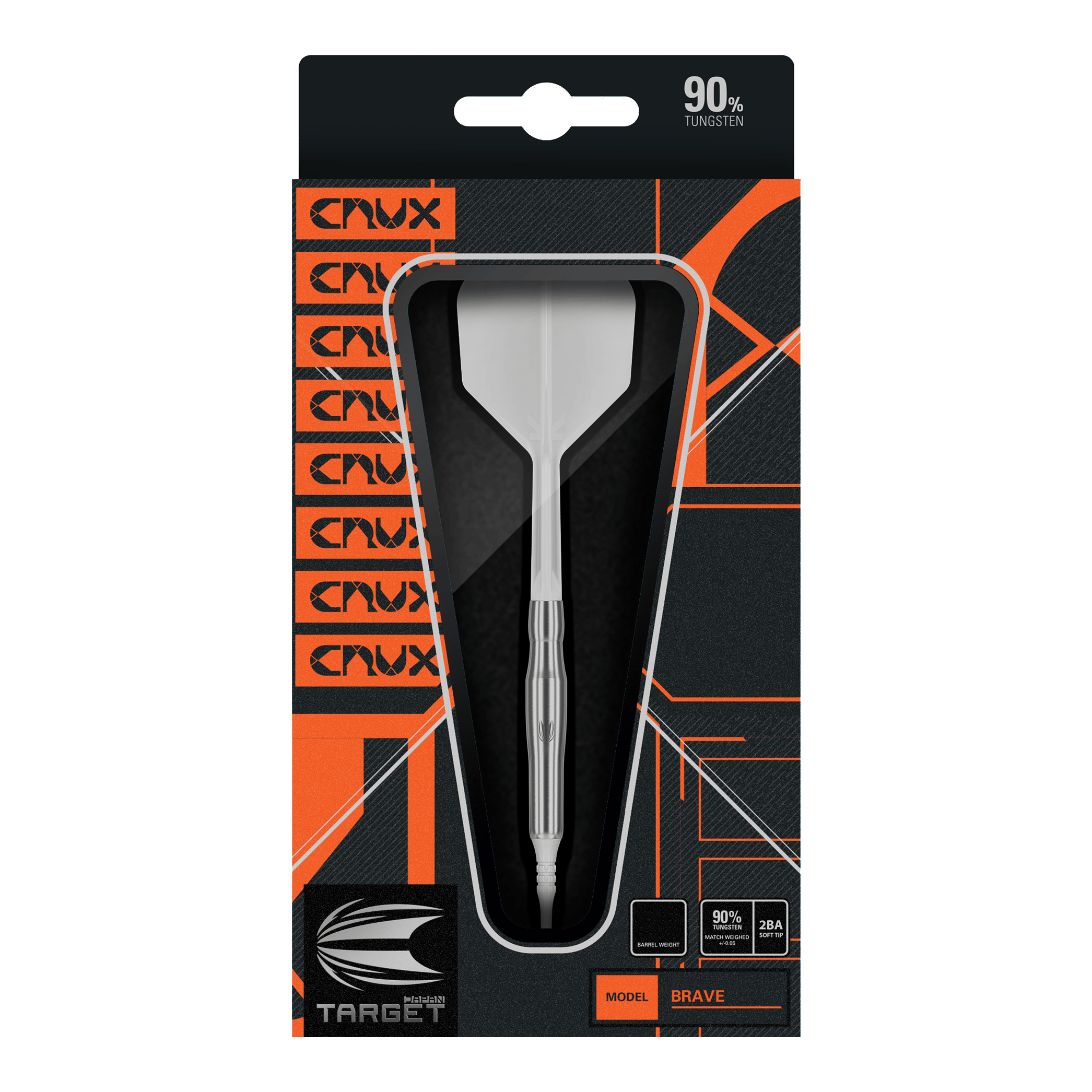 Fléchettes souples Target Japan Crux Brave - 18,5 g Das Bild zeigt die Verpackung des Produkts "Target Japan Crux Brave Softdarts - 18,5g". Der Dartpfeil ist gut sichtbar in einer schwarzen und orangefarbenen Box präsentiert.