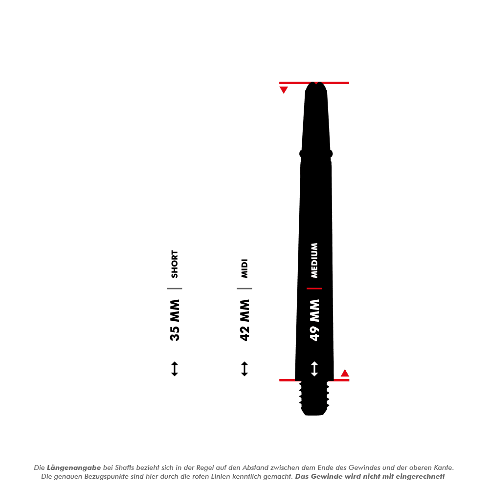 _Harrows_Carbon_360_Shafts_5_49mmFvx7rLcTxSAwY Das Bild zeigt drei verschiedene Längen von Dartshafts: Short (35 mm), Midi (42 mm) und Medium (49 mm). Die Längenangabe bezieht sich auf den Abstand zwischen dem Ende des Gewindes und der oberen Kante, was durch rote Linien markiert ist.