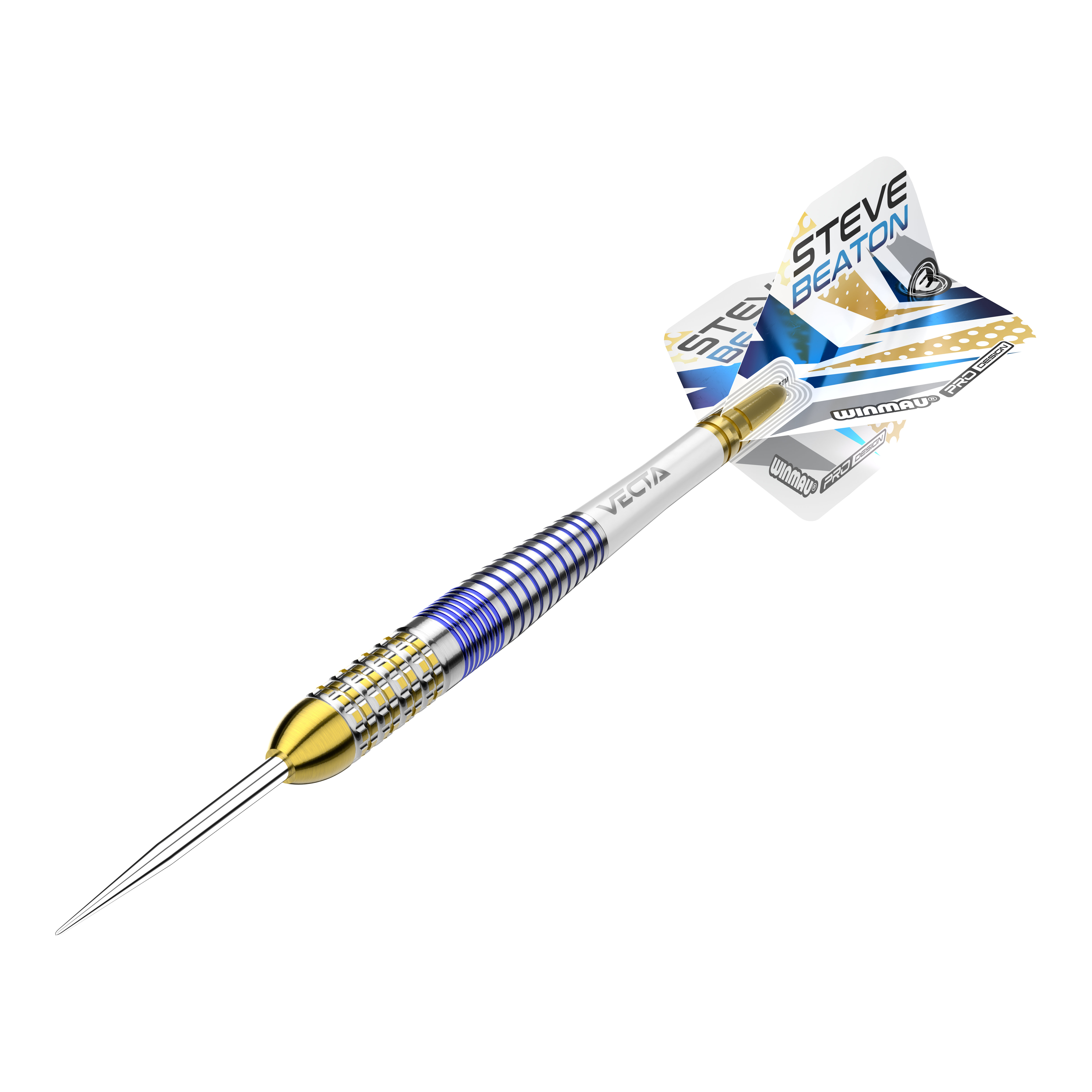 Fléchettes en acier Winmau Steve Beaton Legend Series Das Bild zeigt einen Steeldart aus der Winmau Steve Beaton Legend Series. Der Dart hat ein farbenfrohes Design mit blauen, goldenen und silbernen Akzenten.