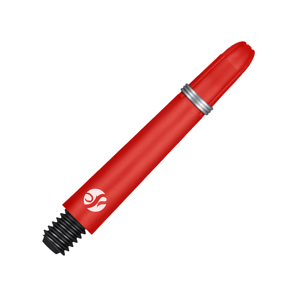 Tiges en carbone Shot Koi - Rouge Auf dem Bild ist ein roter Carbon-Schaft für Dartpfeile zu sehen. Er hat ein silbernes Ringdetail und ein schwarzes Schraubgewinde am Ende.