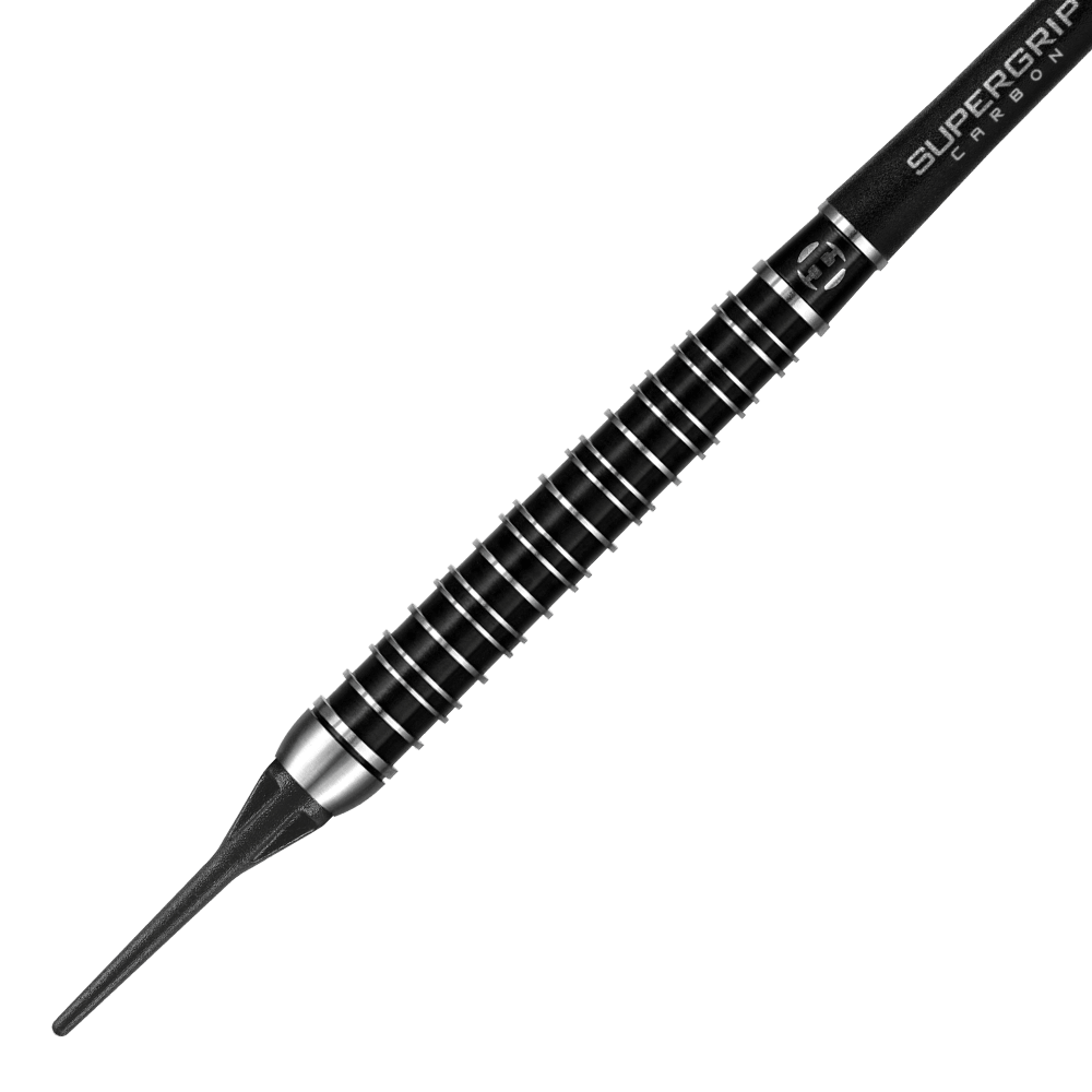 HA25138_Harrows_Supergrip_Ultra_Softdarts_2 Das Bild zeigt einen Harrows Supergrip Ultra Softdart. Der Dart ist schwarz mit silbernen Ringen und verfügt über eine feine Griffstruktur.