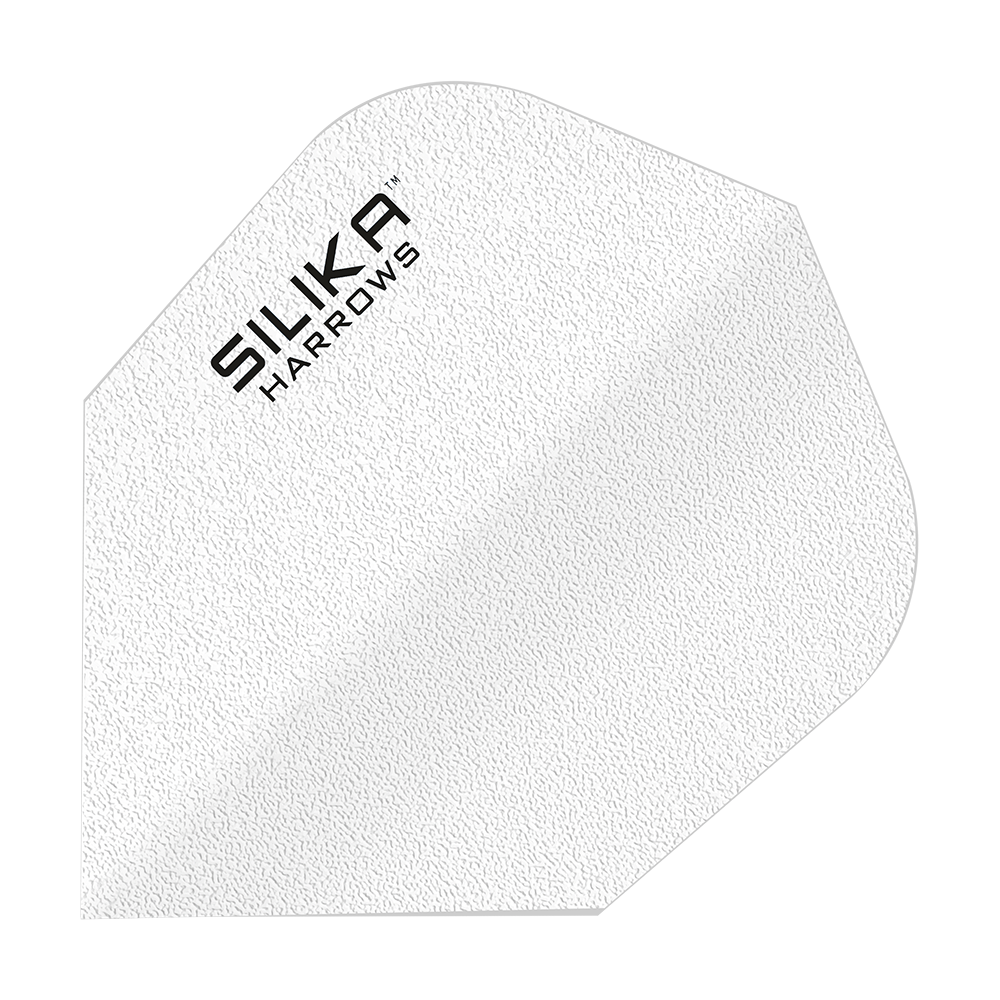 Harrows Silice Solide Résistant Revêtement Cristallin Blanc No6 Vols Das Bild zeigt ein weißes Dart-Flight mit der Aufschrift "SILIKA HARROWS". Es hat eine strukturierte Oberfläche und gehört zur Produktreihe "Silika Solid Tough Crystalline Coating White No6 Flights".