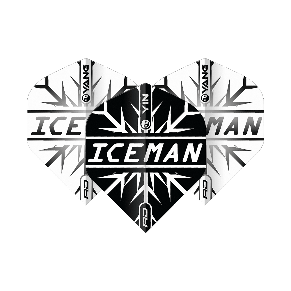 Das Bild zeigt Dart-Flights in einem Yin-Yang-Design in Schwarz und Weiß mit dem Schriftzug "ICEMAN" in der Mitte. Das Muster erinnert an Eiskristalle und trägt das Markenlogo "Red Dragon".