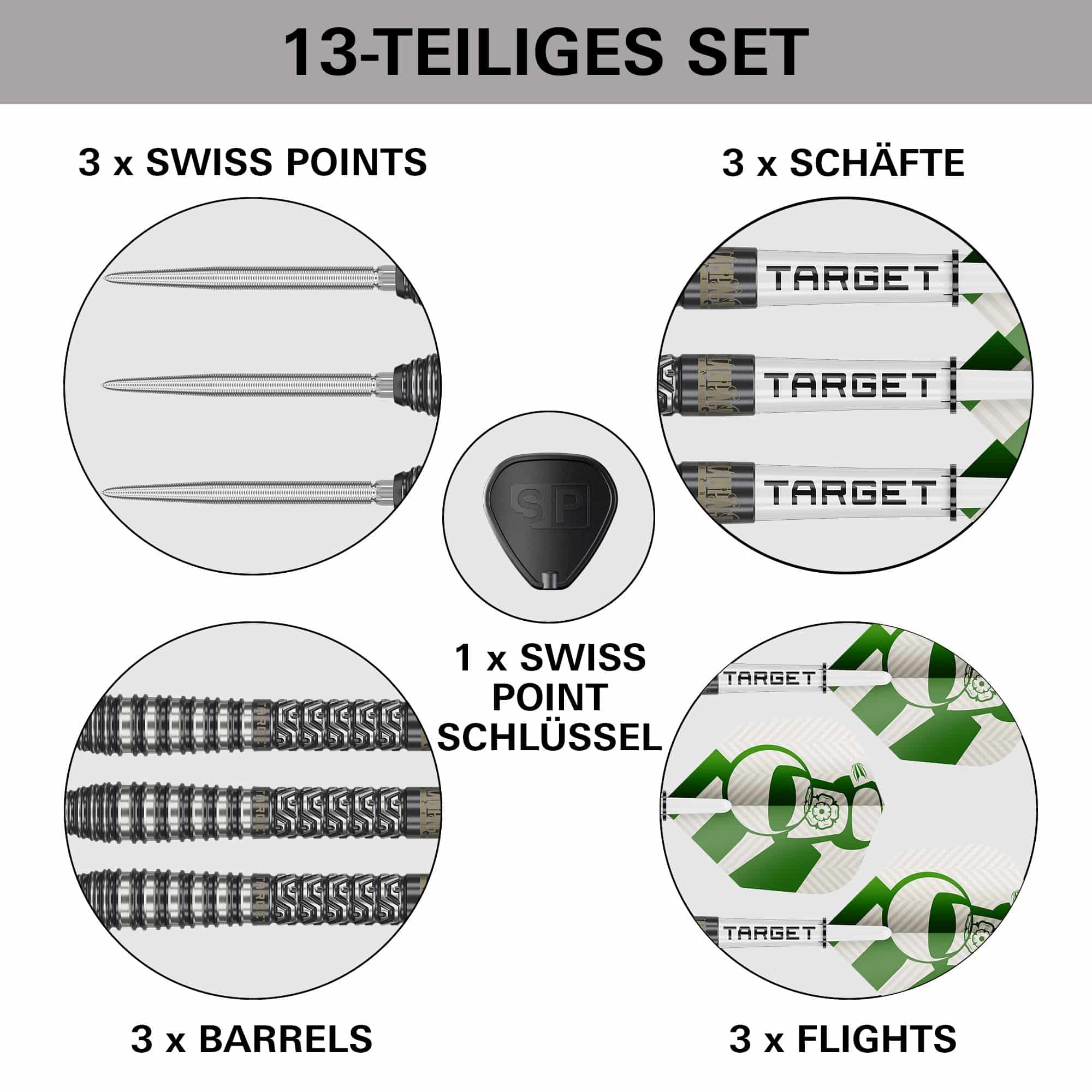 Fléchettes en acier Target Charlie Manby Swiss Points Das Bild zeigt die Target Charlie Manby Swiss Points Steeldarts. Sie eignen sich für professionelle Dartspieler.