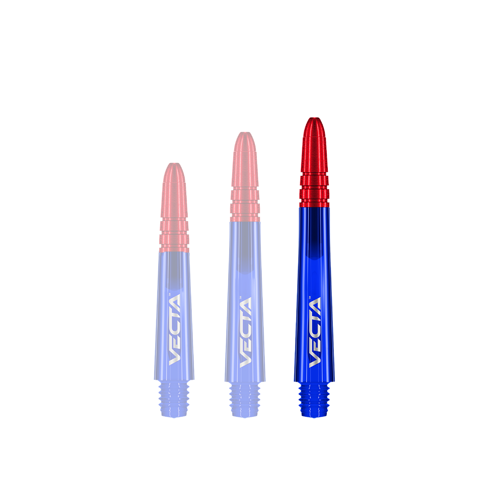Tiges Winmau Vecta - Bleu Rouge Das Bild zeigt drei Dartschäfte in den Farben Blau und Rot. Auf jedem Schaft steht der Schriftzug „VECTA“.