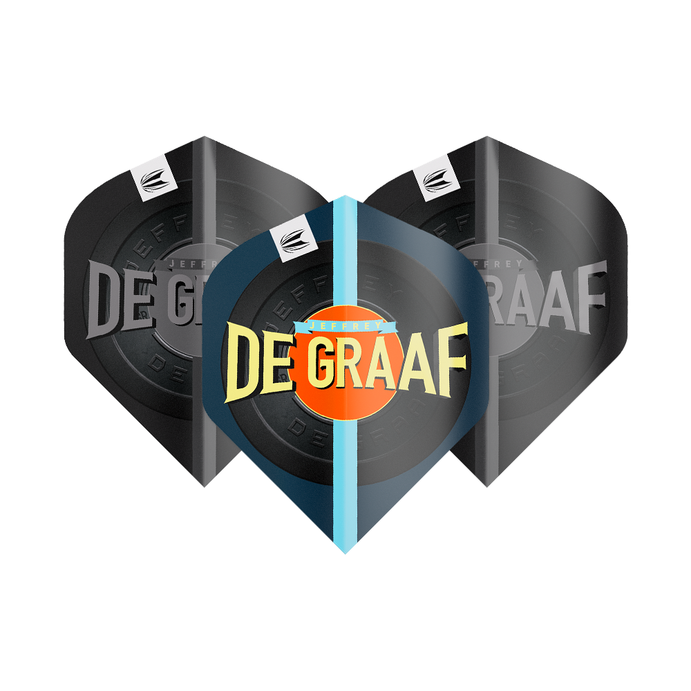 Ailettes standard Target Pro Ultra Jeffrey De Graaf GEN1 n°2 - 3 jeux Das Bild zeigt drei Sätze Target Pro Ultra Jeffrey De Graaf GEN1 No2 Standard Flights. Auf den Flights steht groß „DE GRAAF“ und sie haben ein modernes Design in Schwarz und Blau.