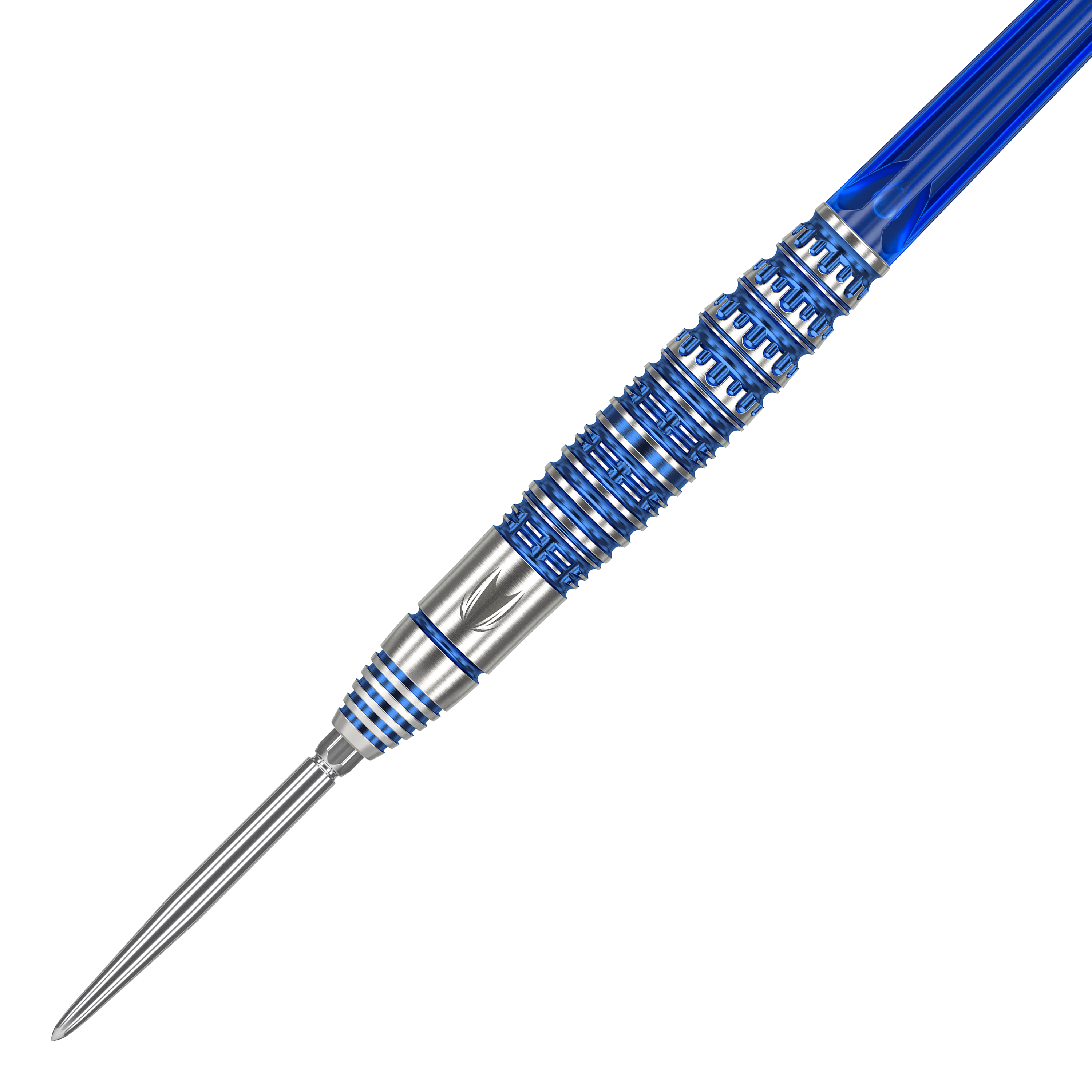 Target Japan Toru Suzuki Sereno GEN1 Swiss Point Steeldarts - 21 g Das Bild zeigt einen Target Japan Toru Suzuki Sereno GEN1 Swiss Point Steeldart mit 21g Gewicht. Der Dartpfeil ist silberfarben mit blauen Akzenten und hat ein auffälliges Rillenmuster am Barrel.