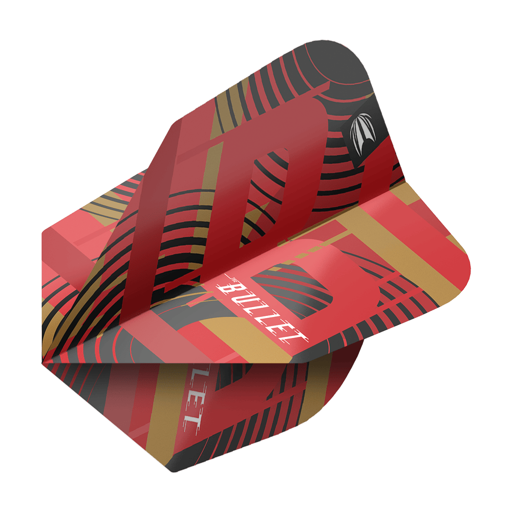 Ailettes Target Pro Ultra Stephen Bunting GEN5 No6 - 3 jeux Das Bild zeigt ein Dartflight aus der Serie "Target Pro Ultra Stephen Bunting GEN5 No6". Das Flight ist rot mit schwarzen und goldenen Akzenten und trägt die Aufschrift "BULLET".