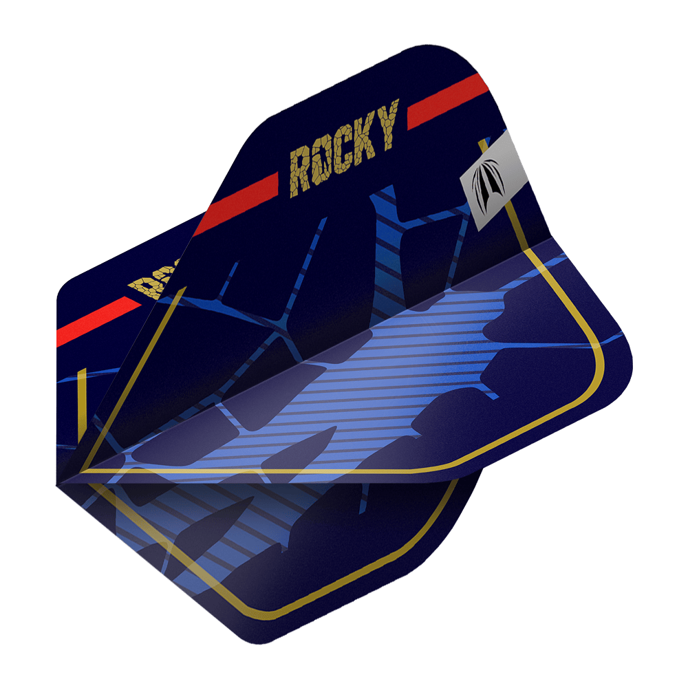 Das Bild zeigt drei Sätze der Target Pro Ultra Josh Rock GEN1 No2 Standard Flights. Die Flights sind dunkelblau mit goldener Umrandung und dem Schriftzug "ROCKY" in Gold.