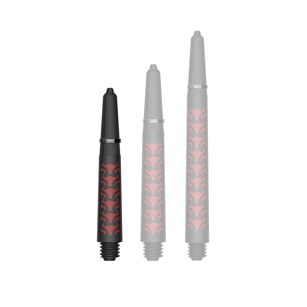 Tiges en carbone Bulls NL Capo - Rouge Zu sehen ist ein Dartzubehör, speziell eine Capo Carbon Shaft in Rot und kurzer Ausführung mit 34mm Länge. Das Produkt dient vermutlich als Teil eines Dartpfeils.