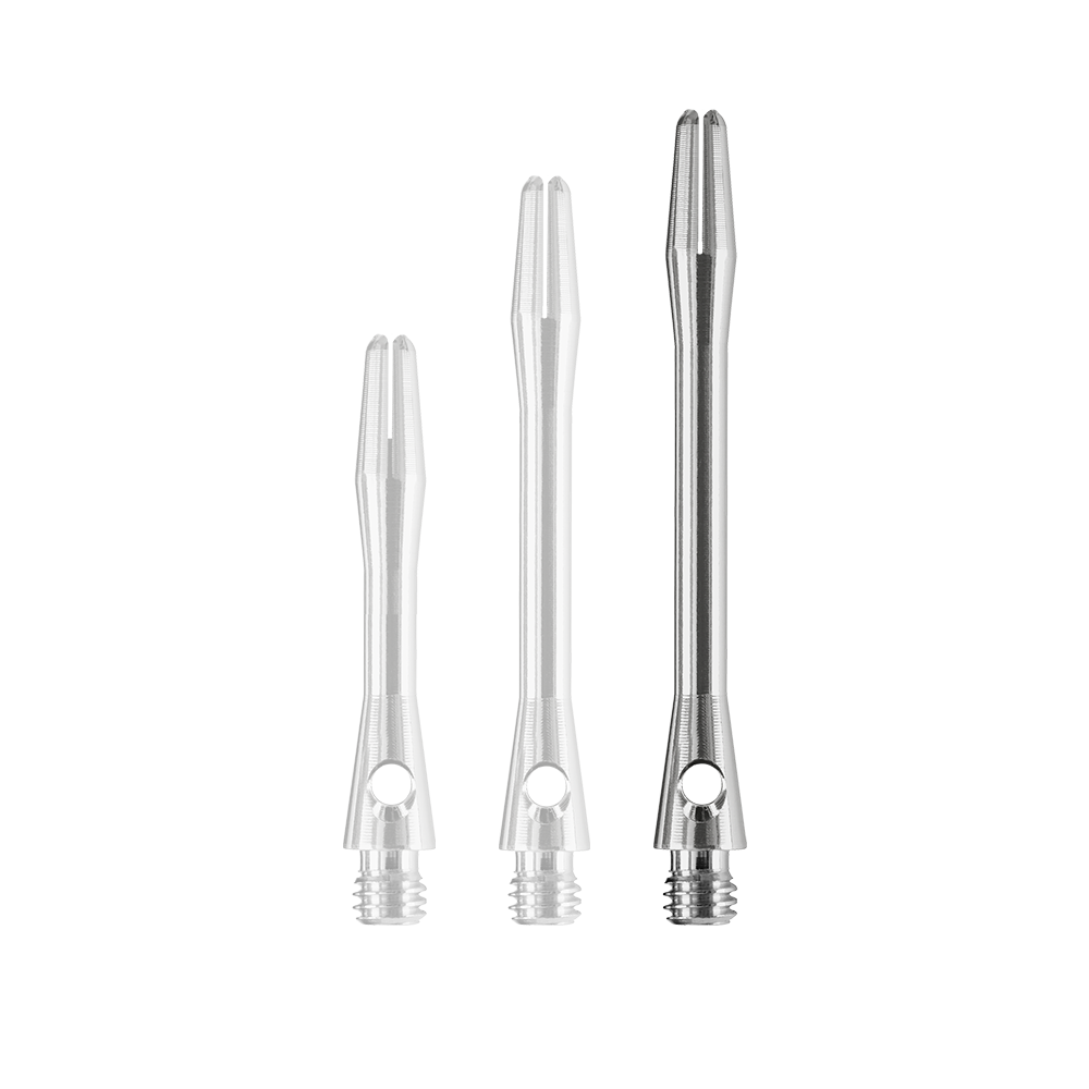 Das Bild zeigt drei Harrows Keramic Shafts in der Farbe Gun Metal. Die Dartschäfte sind in unterschiedlichen Längen angeordnet.