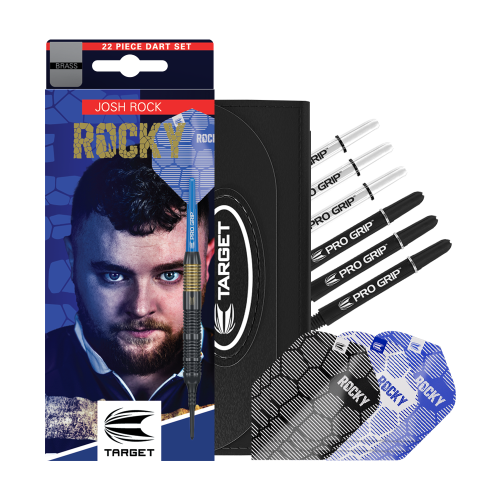 Fléchettes souples en laiton Target Josh Rock - 18 g Das Bild zeigt das Produkt "Target Josh Rock Brass Softdarts - 18g" mit Zubehör wie Flights und Shafts. Auf der Verpackung ist ein Porträt sowie der Name des Spielers Josh Rock zu sehen.
