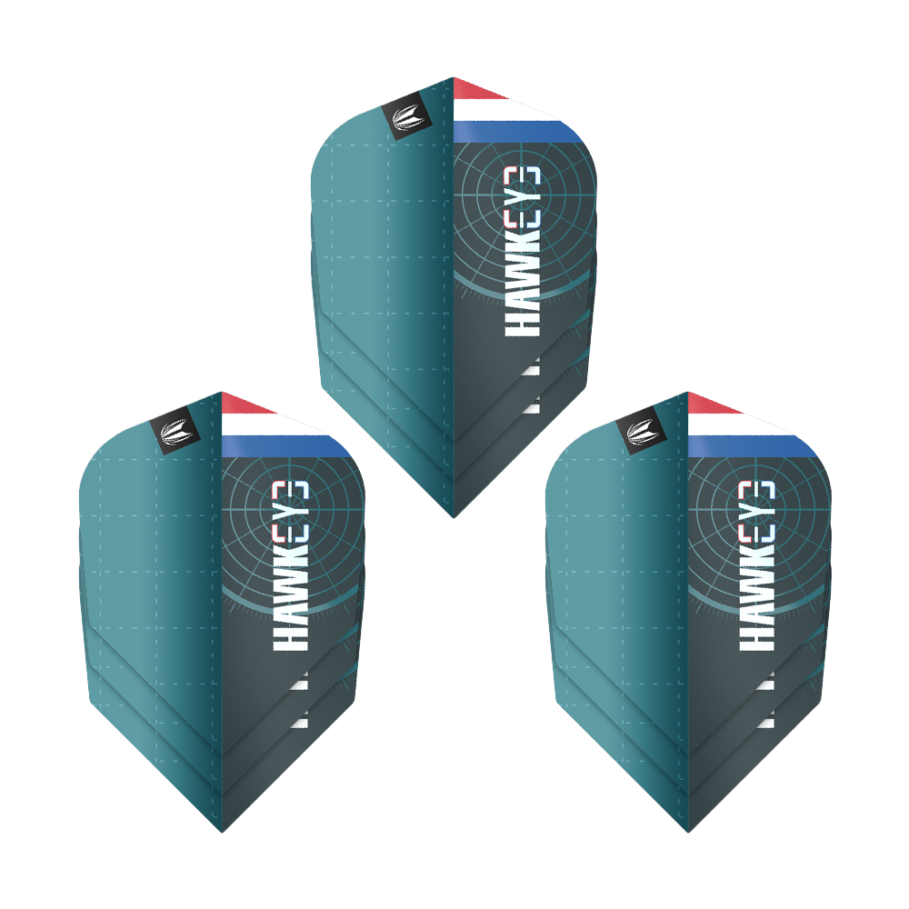 Ailettes Target Pro Ultra Kevin Doets GEN1 n°6 - 3 jeux Das Bild zeigt drei Sätze der Target Pro Ultra Kevin Doets GEN1 No6 Flights. Die Flights sind blau-grün und haben das Wort "Hawkeye" sowie ein Target-Design und eine kleine Flagge.