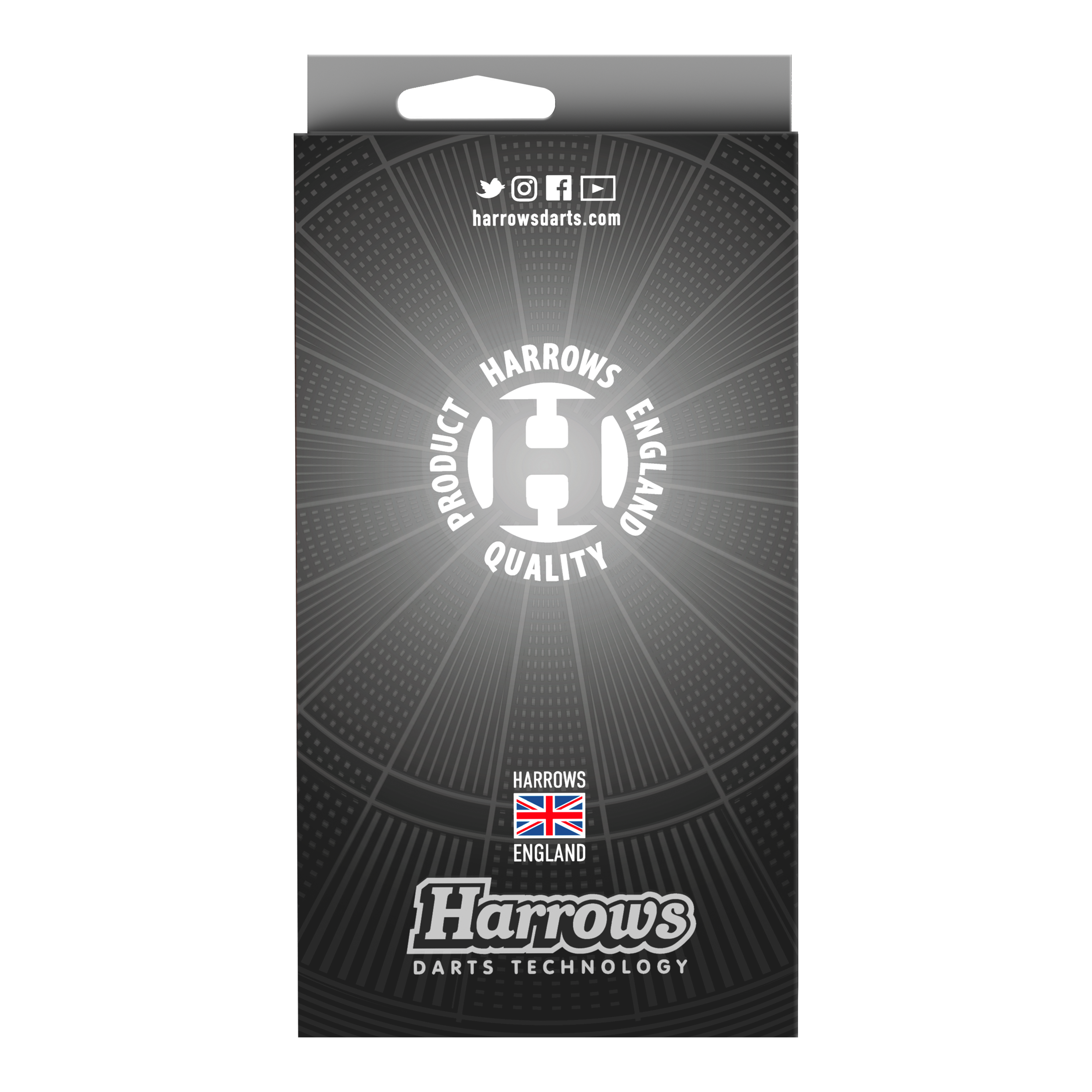 Fléchettes de siège Harrows Softdarts Die Verpackung zeigt das Produkt "Harrows Siege Softdarts". Auf der Vorderseite sind das Harrows-Logo und ein Qualitätssiegel aus England abgebildet.