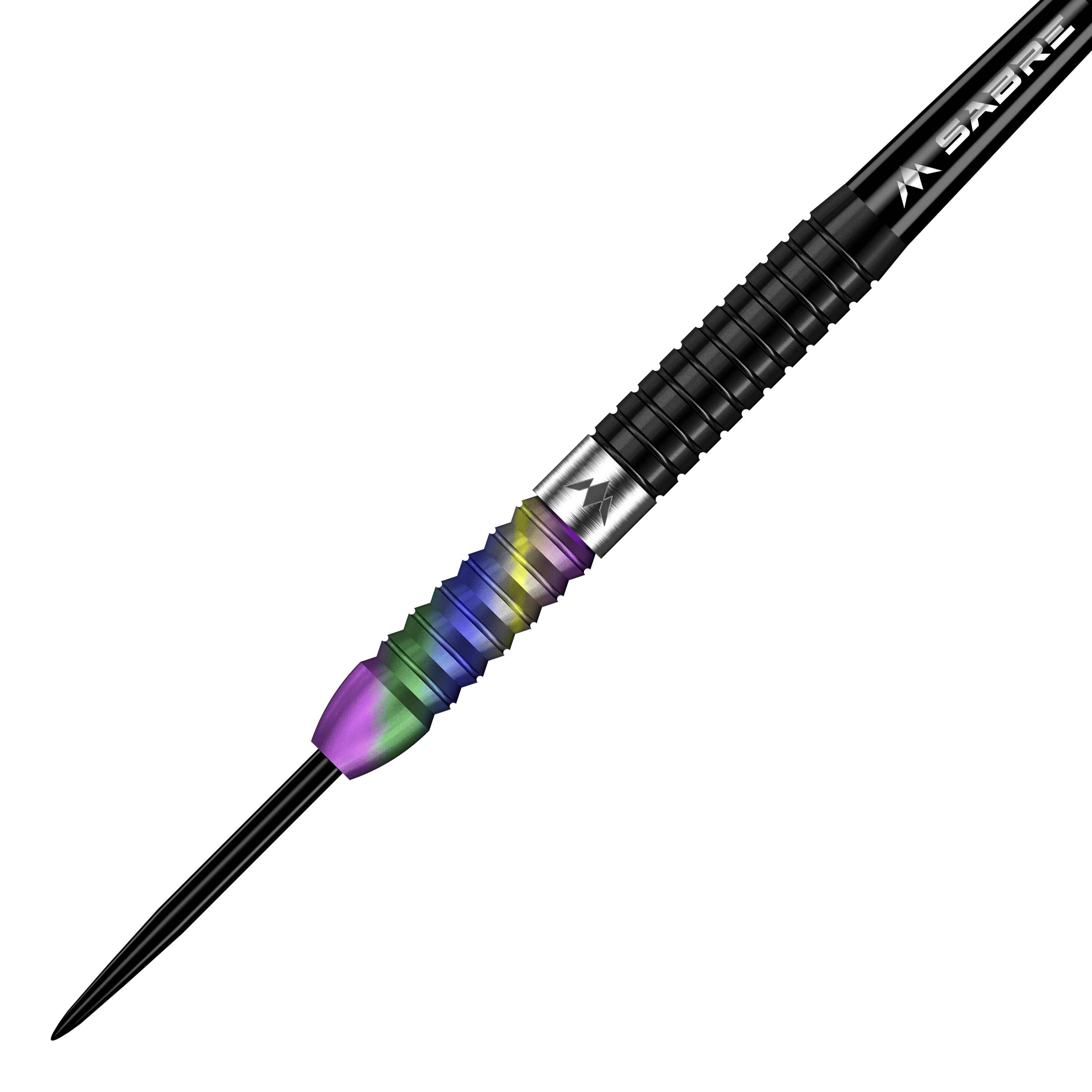 Mission Matt Edgar Steeldarts Das Bild zeigt einen Mission Matt Edgar Steeldart mit einem bunten, regenbogenfarbenen Griff. Der Dart hat ein schwarzes Schaftstück und eine scharfe Spitze.