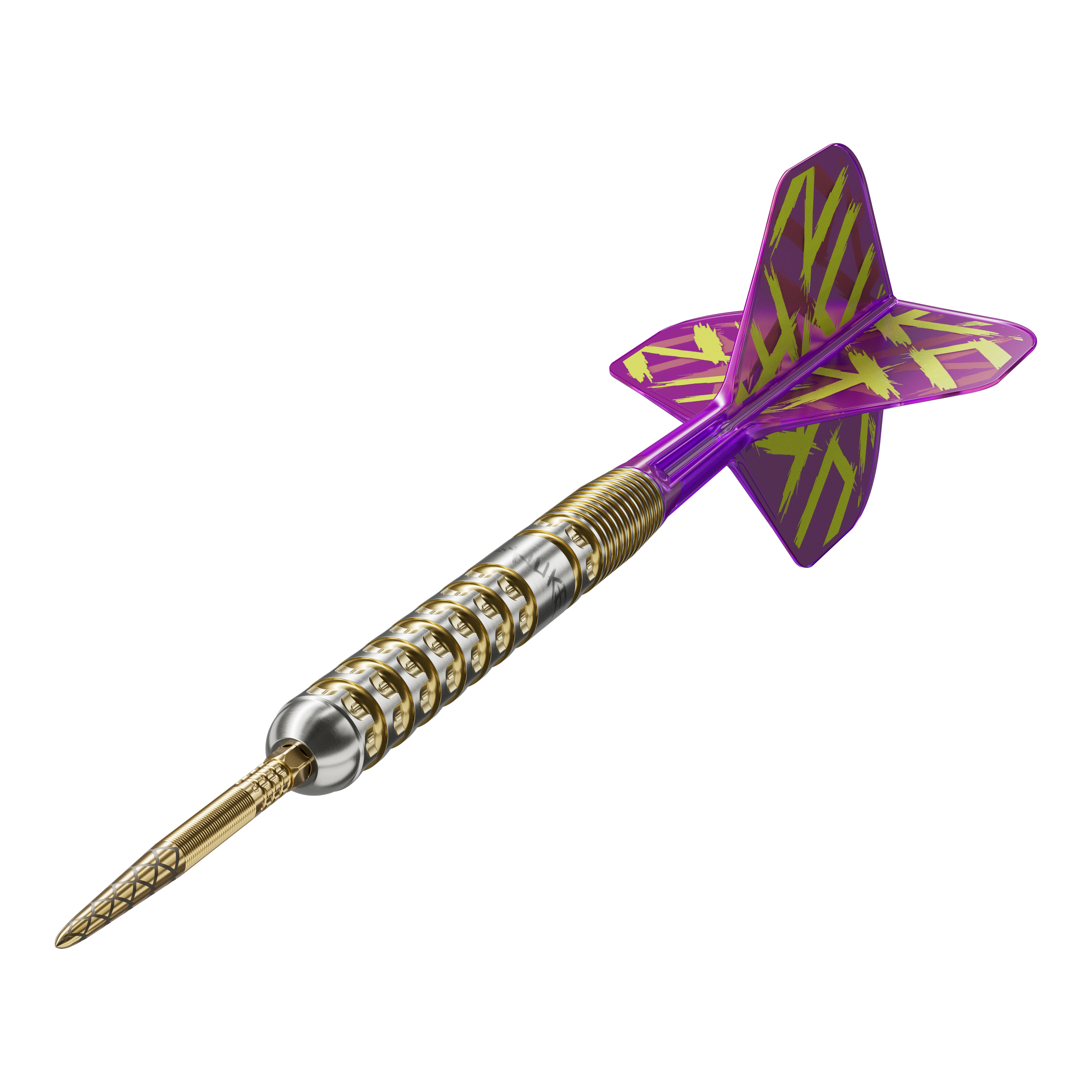 Fléchettes en acier Target Luke Littler GEN1 Prodigy Swiss Point Das Bild zeigt einen Target Luke Littler GEN1 Prodigy Swiss Point Steeldart. Der Dart hat einen gold-silbernen Schaft und lila Flights mit gelbem Muster.
