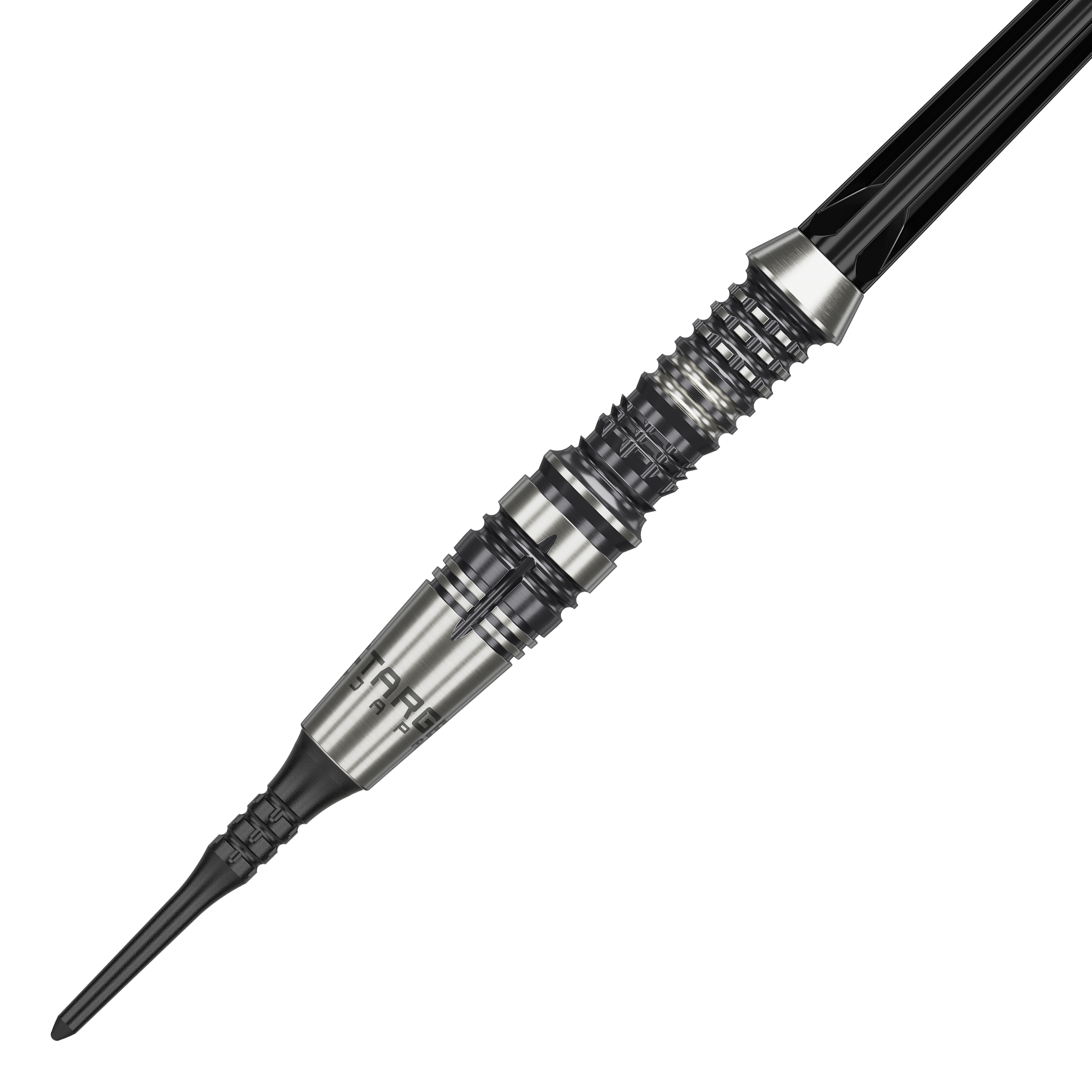 Fléchettes souples Target Japan Black Marque Heracles - 18 g Das Bild zeigt einen Target Japan Black Marque Heracles Softdart mit einem Gewicht von 18g. Der Dartpfeil hat ein silbernes, fein geriffeltes Barrel und eine schwarze Spitze.