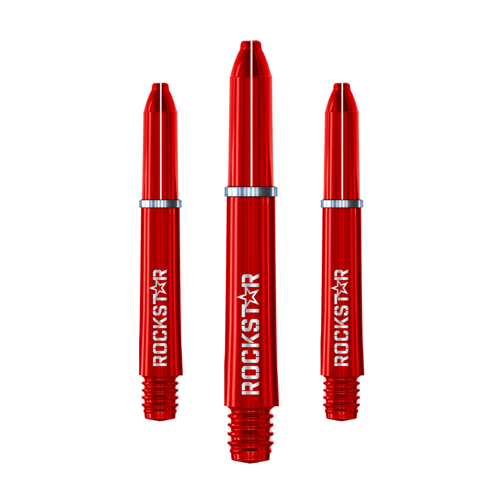 Manche en nylon Winmau Joe Cullen Rockstar Auf dem Bild sind drei rote Nylon-Dartschäfte mit der Aufschrift "ROCKSTAR" zu sehen. Sie haben silberne Ringe und sind nebeneinander angeordnet.