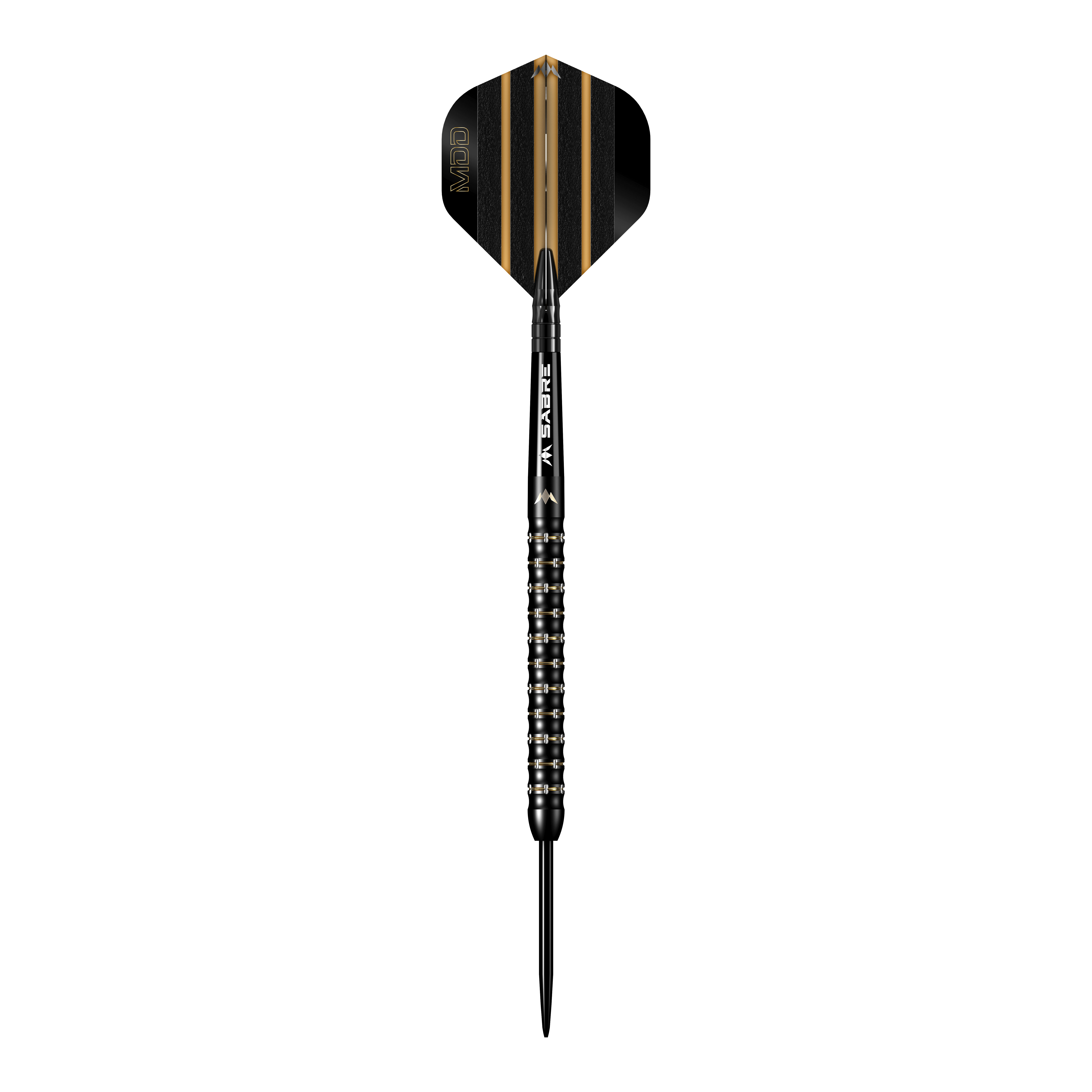 Das Bild zeigt einen schwarzen Steeldart mit goldenen Akzenten aus der Serie "Mission Mike De Decker MDD Black Gold". Der Dart hat ein modernes Design mit fein geriffeltem Griff und einer schwarz-goldenen Flight.