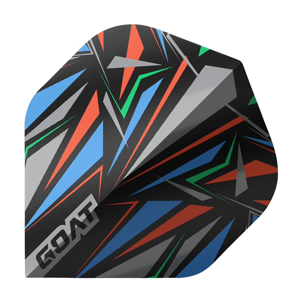 GOAT Athlete Black No2 Vols Standard Das Bild zeigt das Produkt "GOAT Athlete Black No2 Standard Flights". Es hat ein auffälliges, geometrisches Muster in Schwarz mit blauen, roten, grünen und grauen Akzenten.