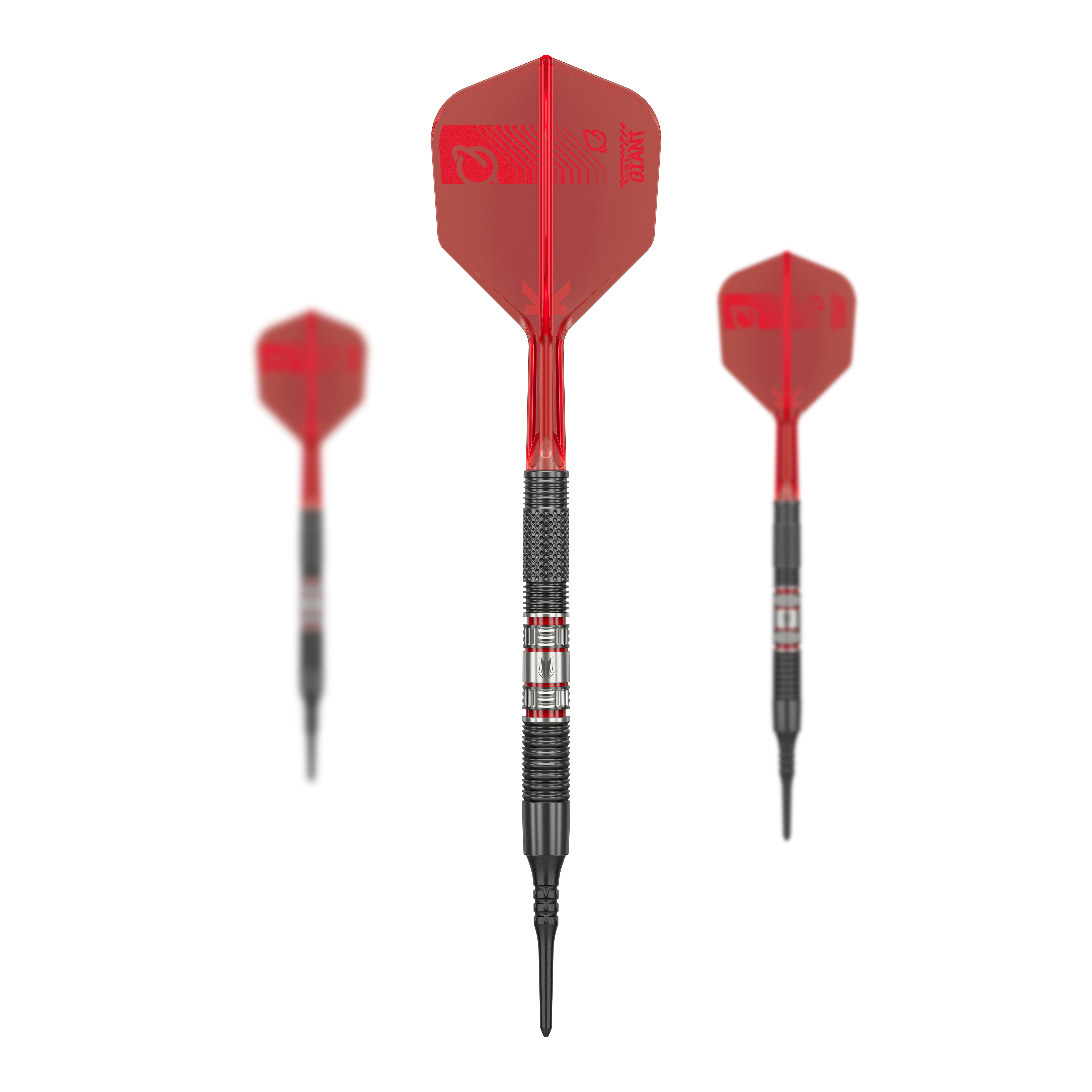 Fléchettes souples Target Gabriel Clemens 95K - 19 g Das Bild zeigt drei Softdarts des Modells "Target Gabriel Clemens 95K Softdarts - 19g". Die Darts haben rote Flights und einen silber-schwarzen Barrel mit markanten Rillen.