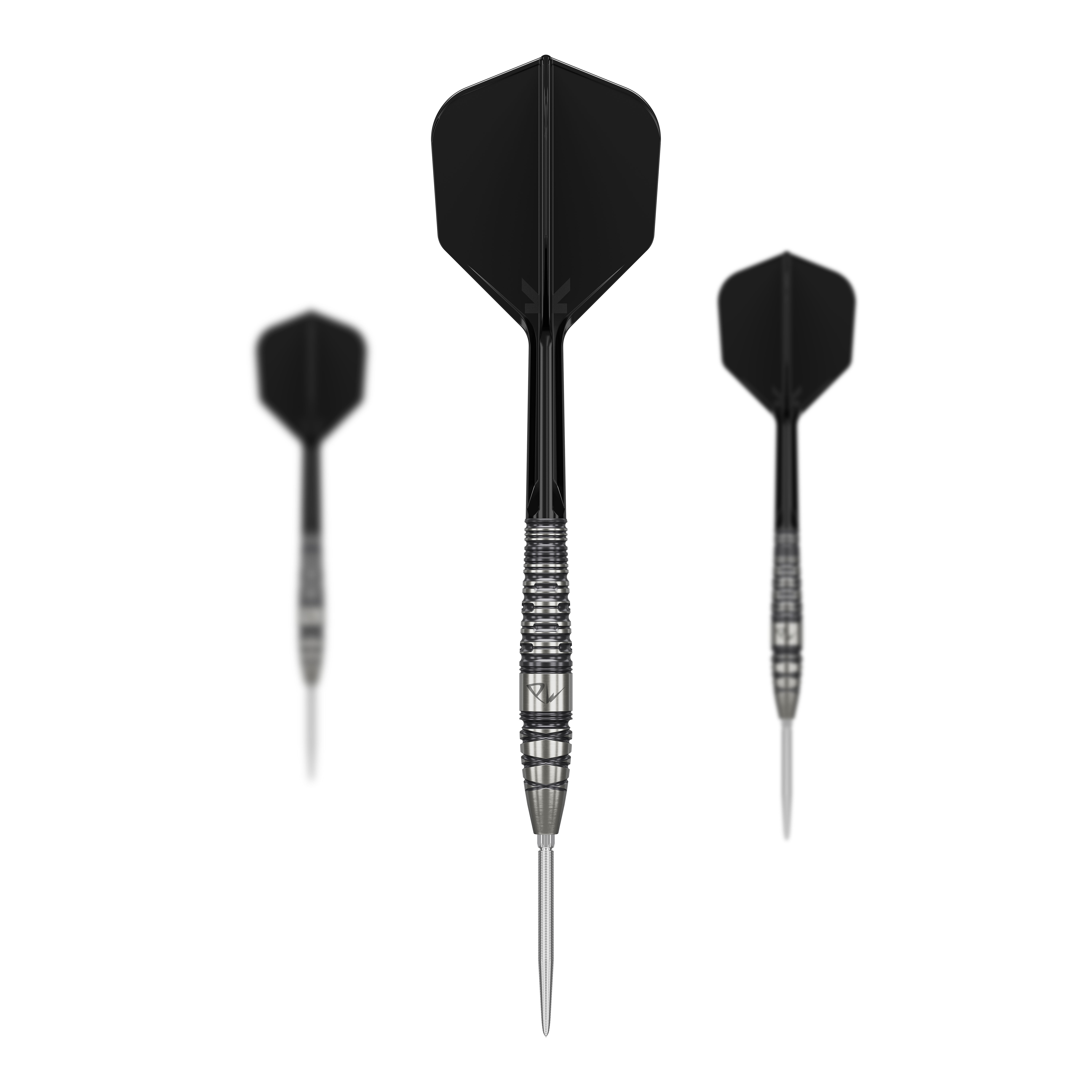 Fléchettes en acier Target Japan Black Marque PW 2 SP Das Bild zeigt drei schwarze Steeldarts aus der Serie "Target Japan Black Marque PW 2 SP". Die Darts haben silberne Spitzen und eine strukturierte Griffzone.
