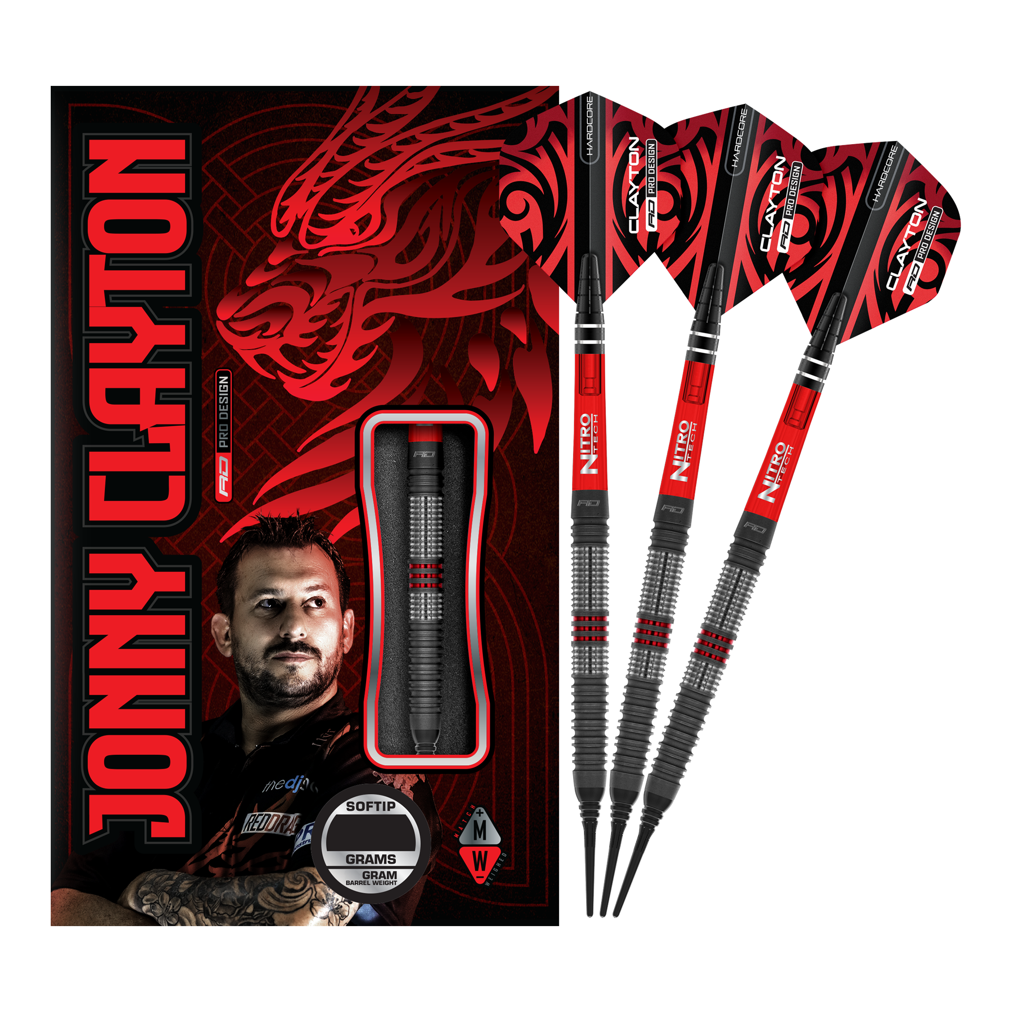 Red Dragon Jonny Clayton Hiraeth Fléchettes souples - 20 g Das Bild zeigt das Produkt „Red Dragon Jonny Clayton Hiraeth Softdarts - 20g“ mit drei roten und schwarzen Softdarts neben der Verpackung. Auf der Verpackung ist ein Porträt von Jonny Clayton sowie ein roter Drachen zu sehen.