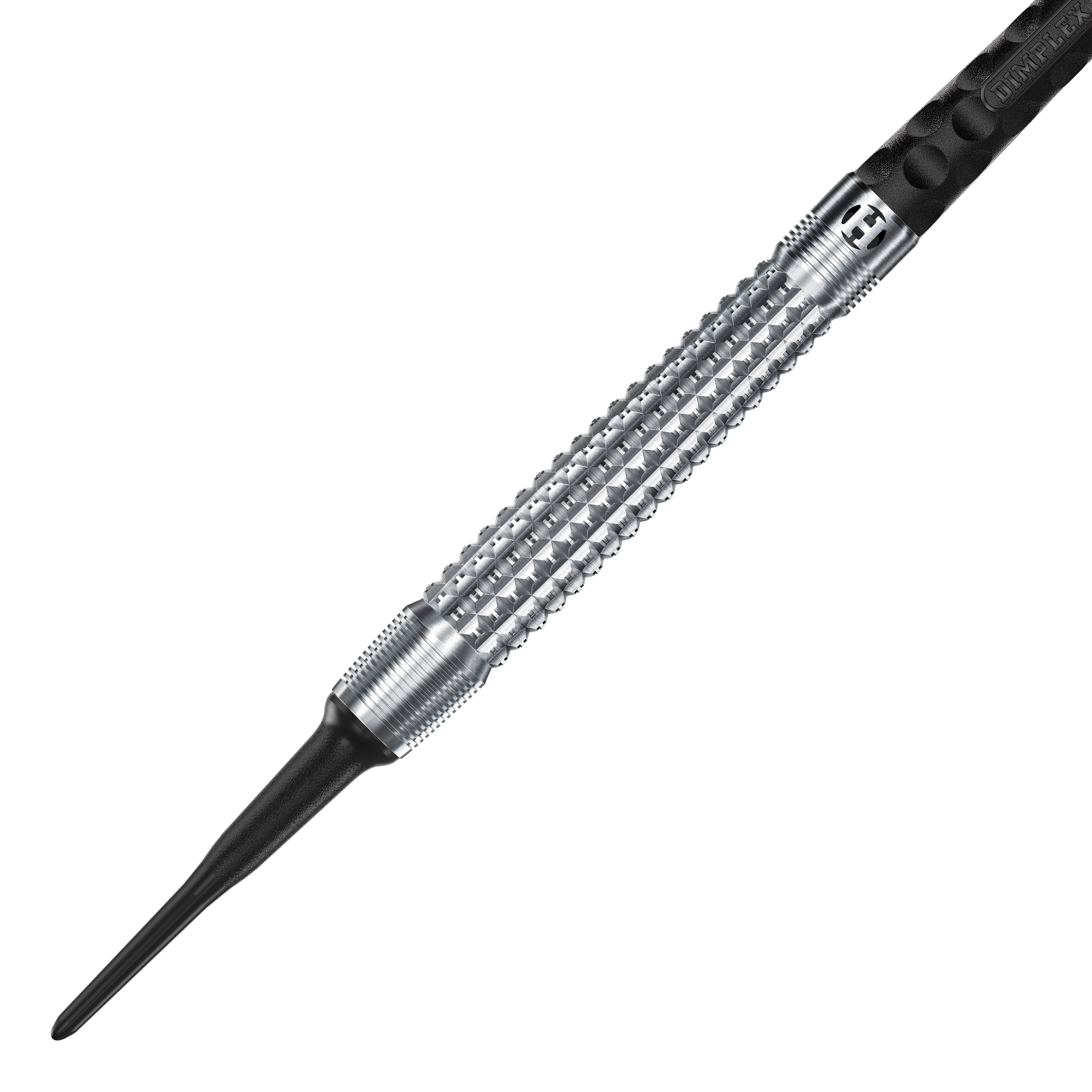 Fléchettes souples coniques Harrows Dimplex S3 Das Bild zeigt einen Harrows Dimplex S3 Tapered Softdart. Der Dartpfeil hat eine silberne, geriffelte Metallspitze und einen schwarzen Schaft.
