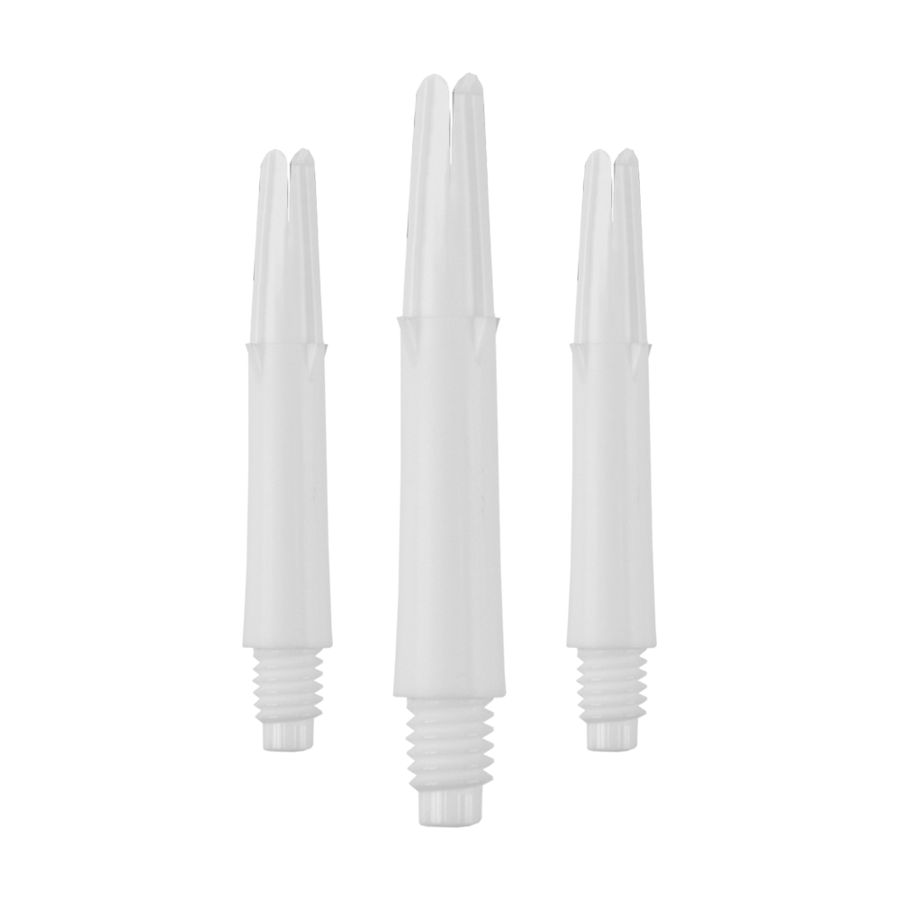 Arbres en L verrouillés droits - Blanc Auf dem Bild sind drei weiße, gerade Dartschäfte ohne Kappen zu sehen. Sie sind nebeneinander in aufrechter Position angeordnet.