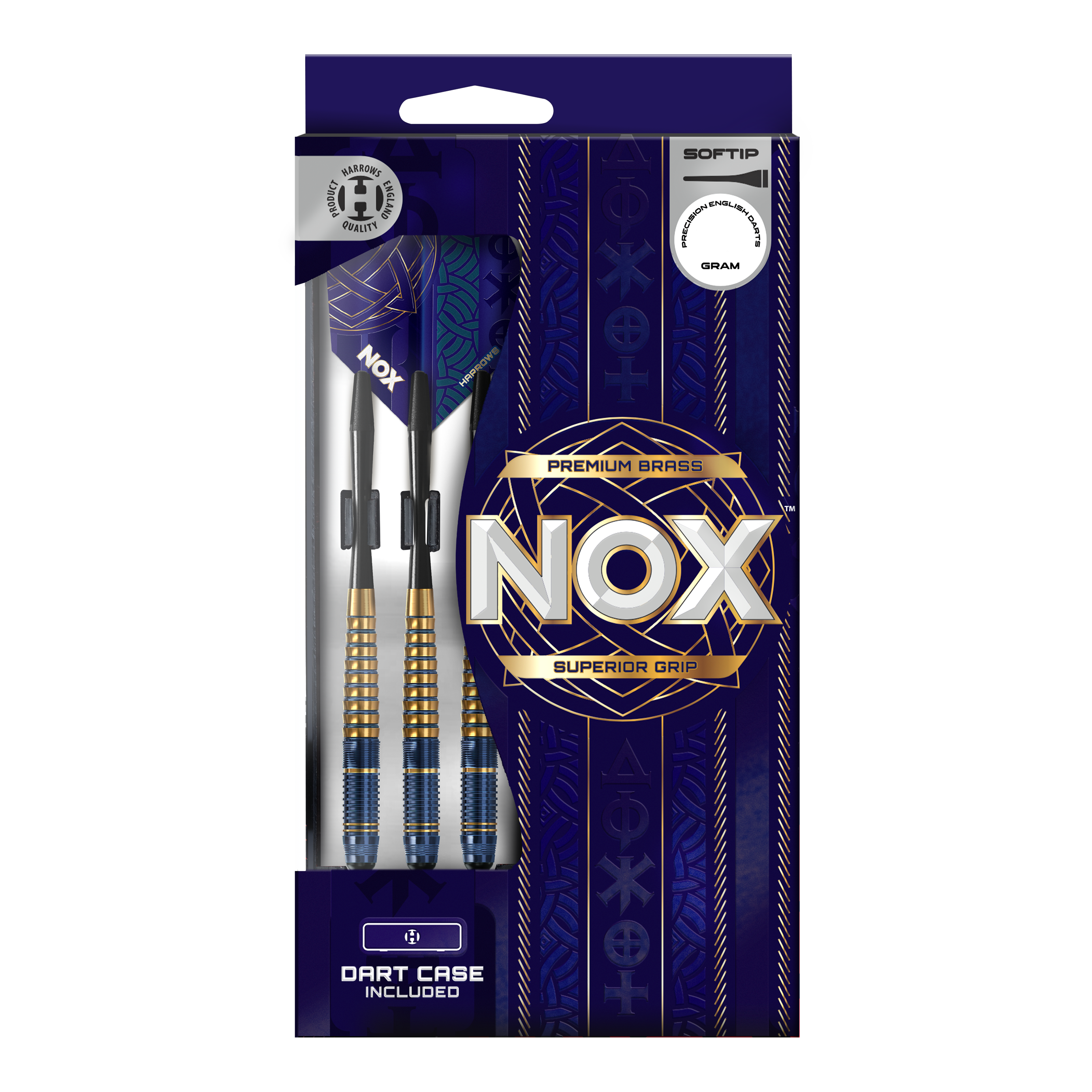 Fléchettes souples en laiton premium Harrows Nox Harrows Nox Premium Brass Softdarts. Die Abbildung zeigt Premium Softdarts aus Messing von Harrows.