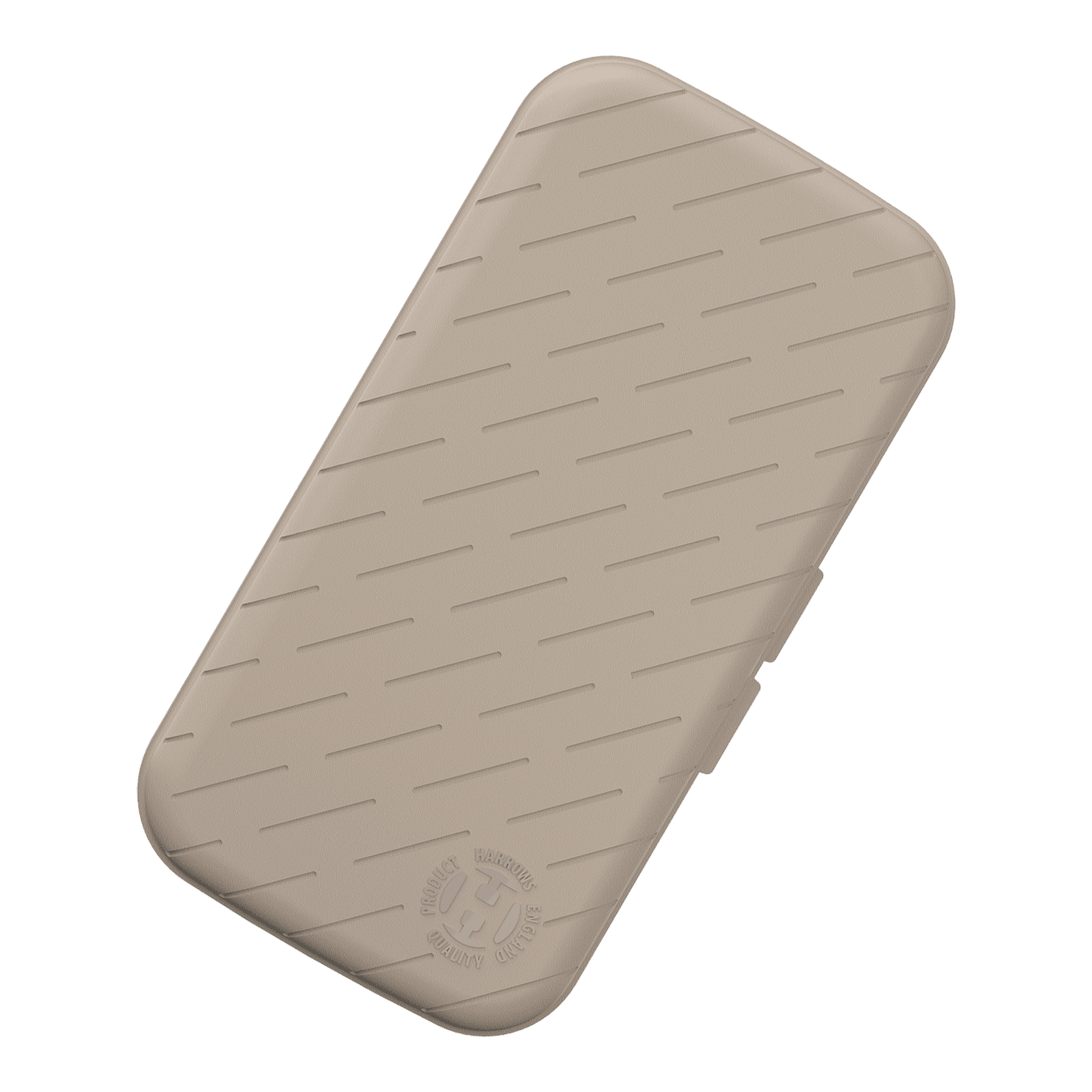 Die Abbildung zeigt ein schlankes Dart-Etui in steingrauer Farbe. Die Oberfläche ist mit schrägen Linien und einem geprägten Logo verziert.