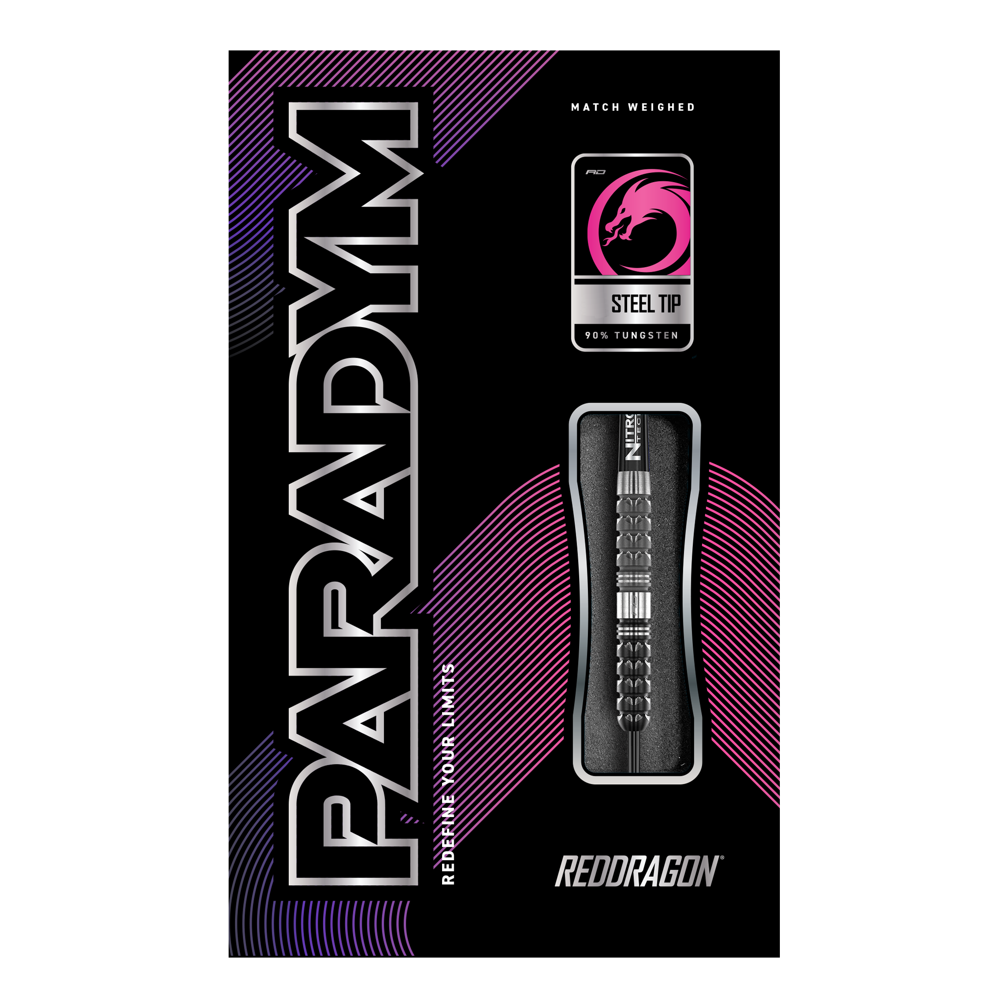 Fléchettes en acier conique Red Dragon Paradym Die Abbildung zeigt die Verpackung der "Red Dragon Paradym Tapered Steeldarts". Auf der Packung sind die Begriffe "Steel Tip", "90% Tungsten" und das Red Dragon Logo zu sehen.