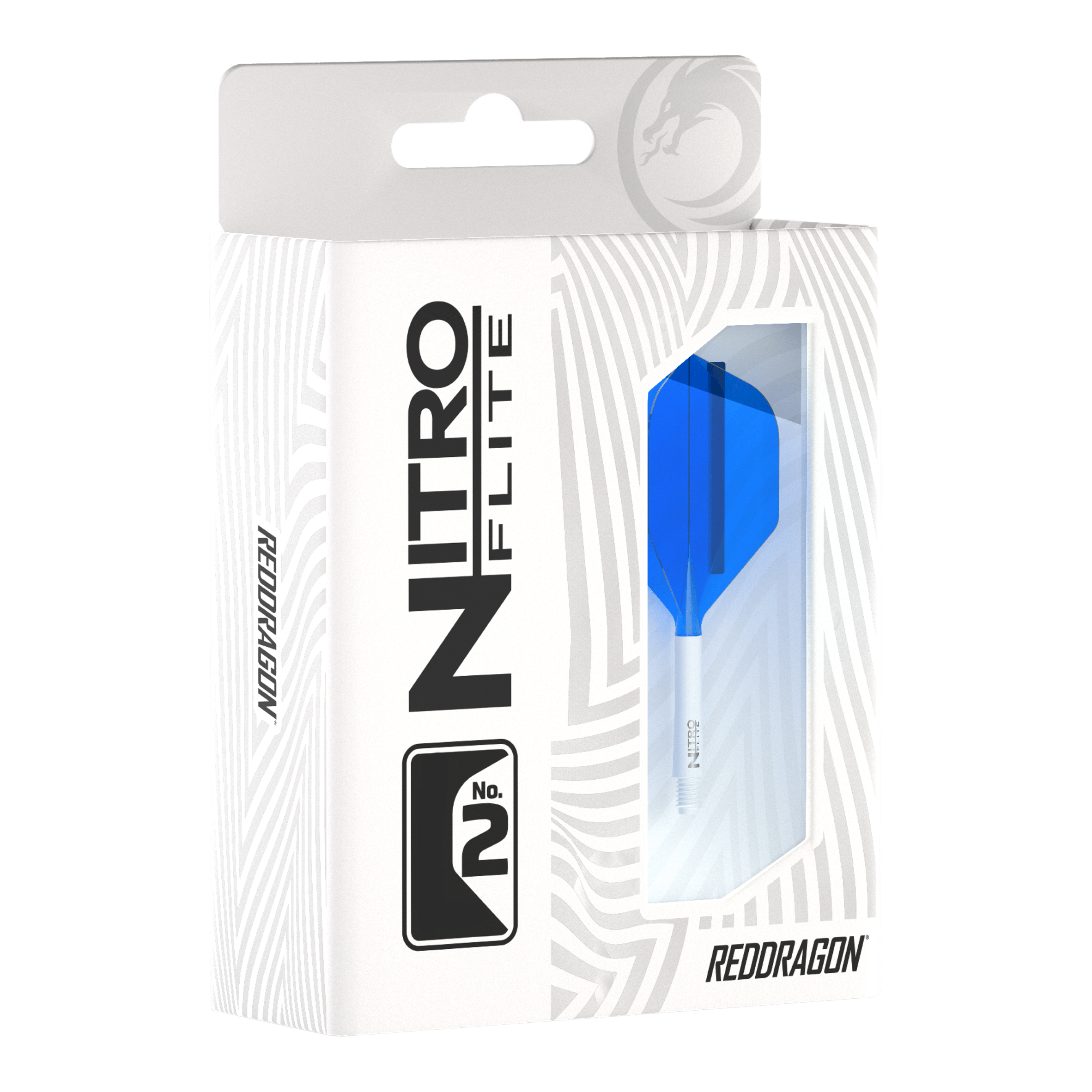Red Dragon Nitroflite - Tige blanche Ailettes bleues n°2 Die Abbildung zeigt eine Packung Red Dragon Nitroflite mit einem weißen Schaft und blauen No2-Flights. Die Verpackung ist überwiegend weiß mit einem Sichtfenster, durch das der blaue Flight zu sehen ist.
