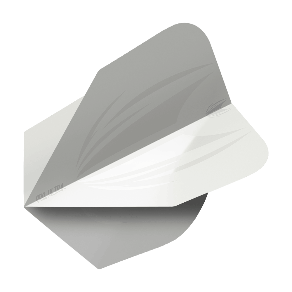 TG411_Target_ProUltra_ID_White_No6_Flights_2 Das Bild zeigt das Produkt "Target ProUltra ID White No6 Flights". Es handelt sich um einen weißen Dartflight mit einem dezenten, grauen Designmuster.