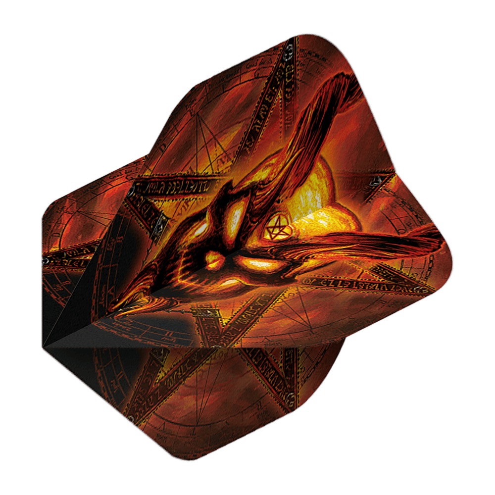 Alchemy Burning Temple No2 Vols standards Das Bild zeigt das Produkt „Alchemy Burning Temple No2 Standard Flights“. Es hat ein auffälliges, feuriges Design mit einem brennenden Motiv und mystischen Symbolen.