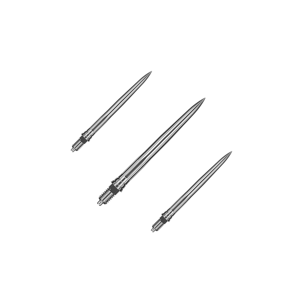 Pointes de fléchettes Caliburn EZ-EVO - Lisses - Argent Das Bild zeigt ein Set aus glatten silbernen Dartspitzen. Die Spitzen sind ordentlich nebeneinander angeordnet.