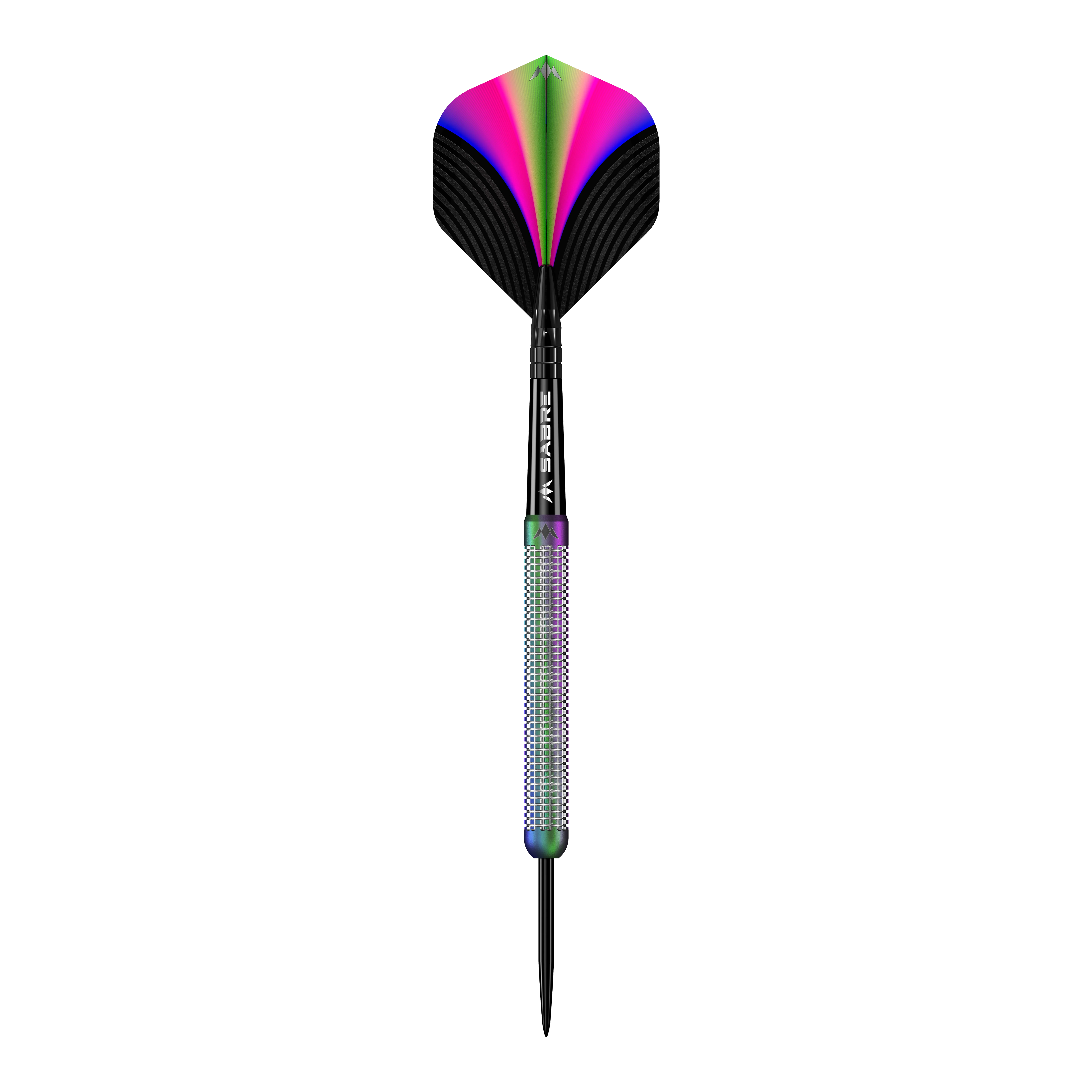 Das Bild zeigt den Mission Aurora Coral PVD Steeldart mit einem Gewicht von 23g. Der Dartpfeil hat bunte, schillernde Farben und ein modernes Design.