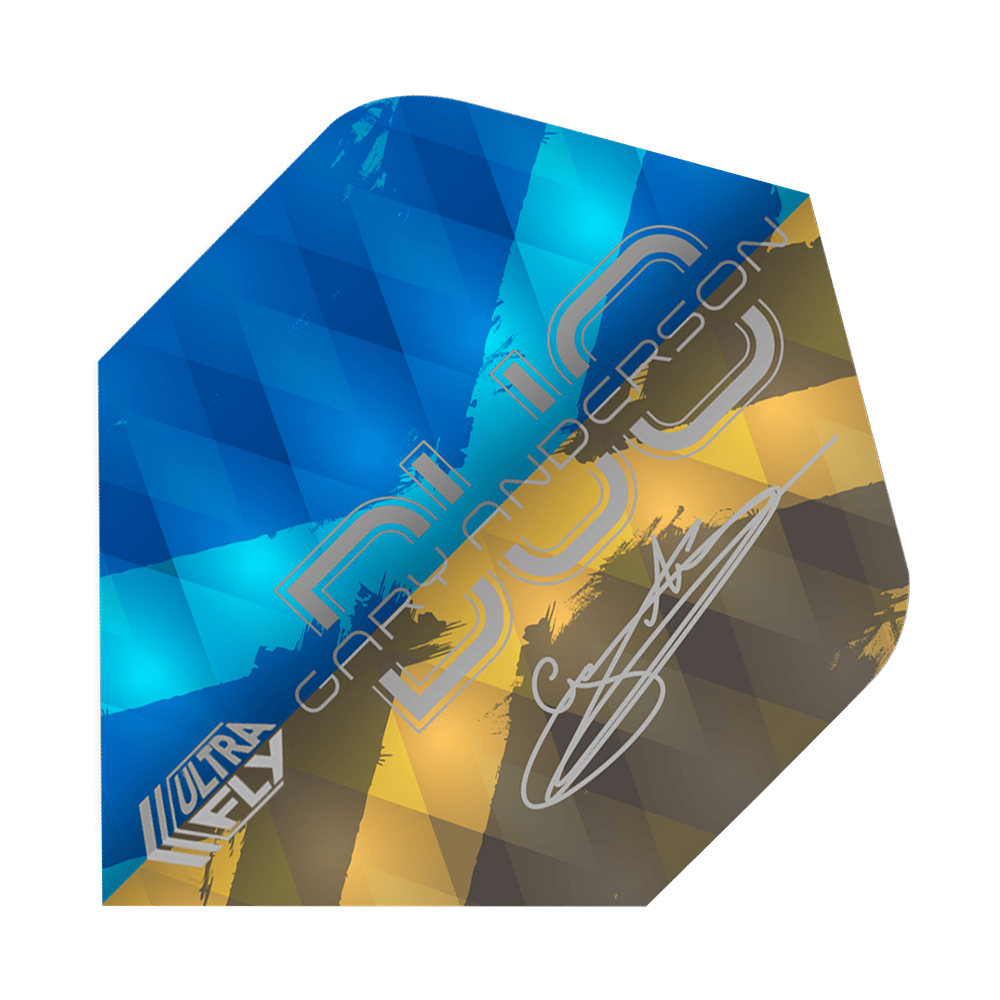 Vols Unicorn Ultrafly 100 Gary Anderson Duo Plus Das Bild zeigt ein Dart-Flight der Marke Unicorn Ultrafly 100 Gary Anderson Duo Plus. Das Flight hat ein Muster in Blau, Gelb und Braun und trägt die Unterschrift von Gary Anderson.