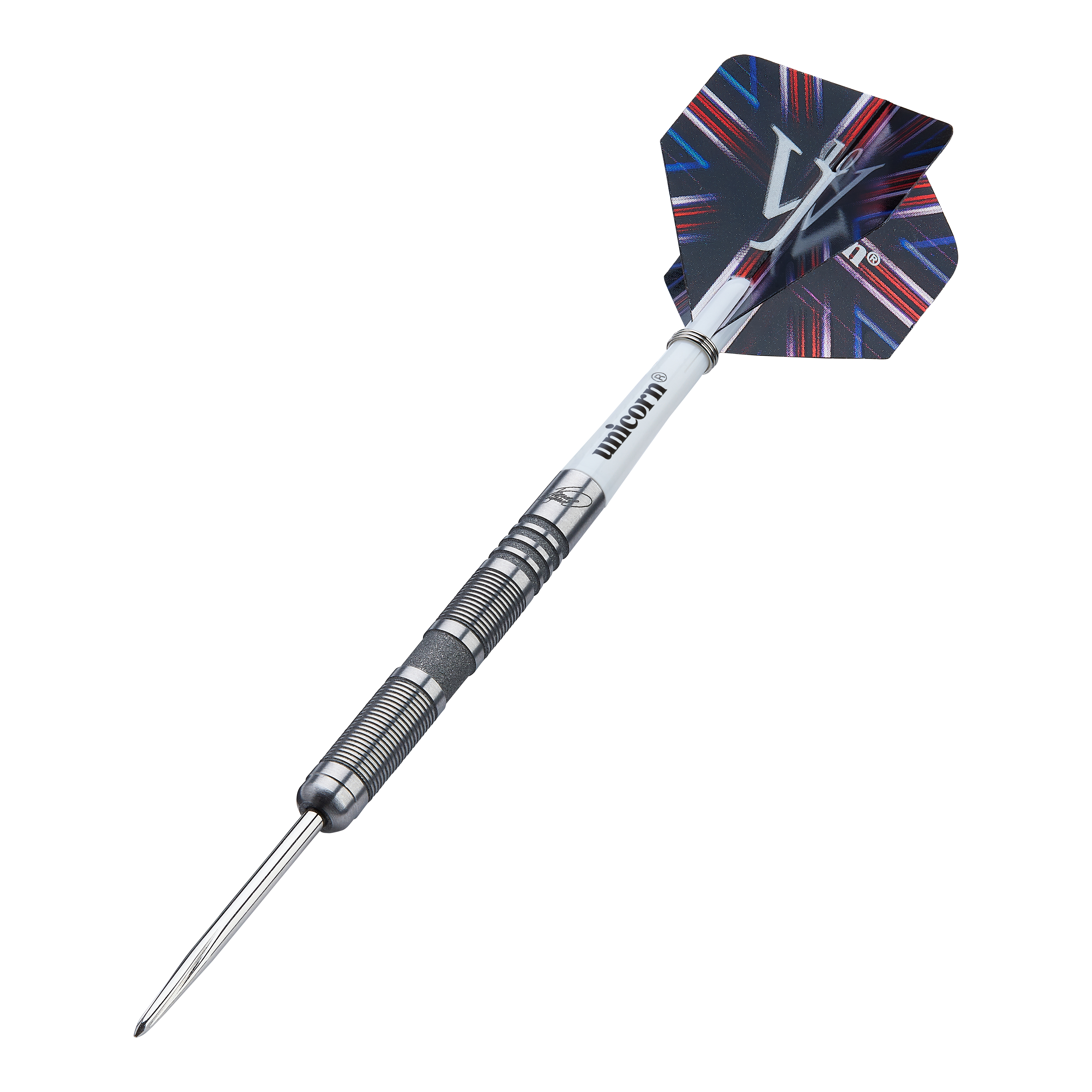 Fléchettes en acier Unicorn James Wade The Machine Range Phase 4 Auf dem Bild ist ein Steeldart der Marke Unicorn aus der James Wade The Machine Range Phase 4 zu sehen. Der Dart hat ein silbernes, geriffeltes Barrel und einen schwarz-blauen Flight mit auffälligem Muster.