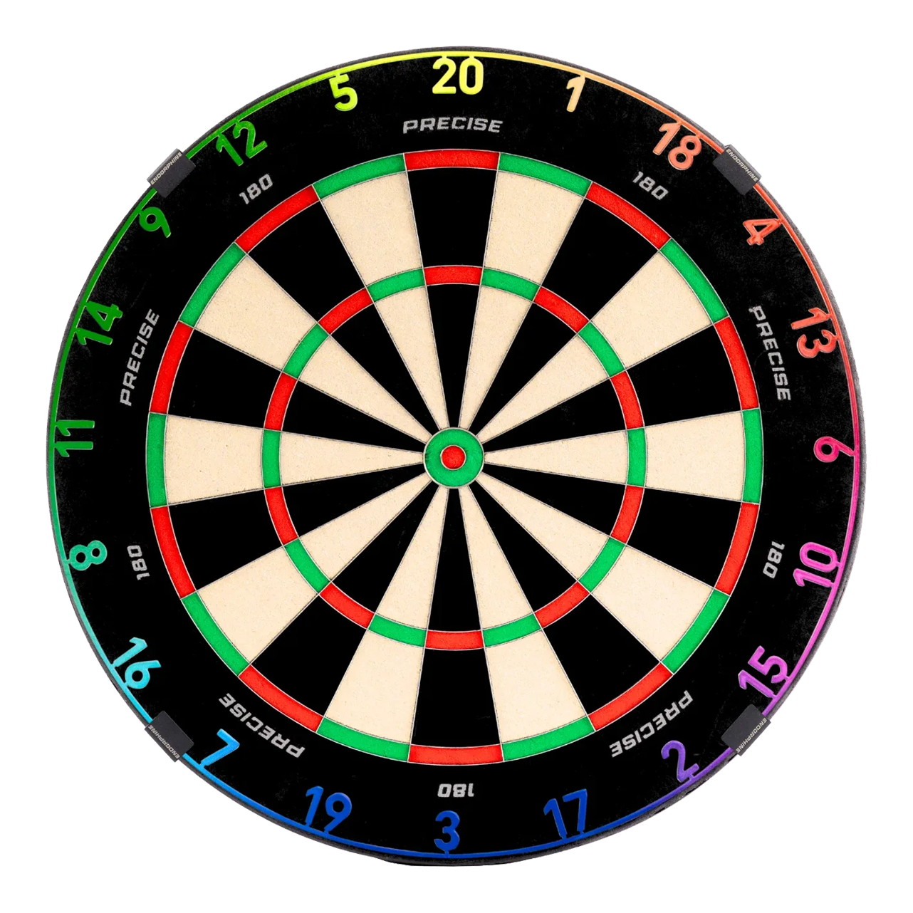 Zu sehen ist das Precise 180 Endorphine Steeldartboard mit Nummernring – Spectrum. Das Dartboard ist frontal abgebildet.