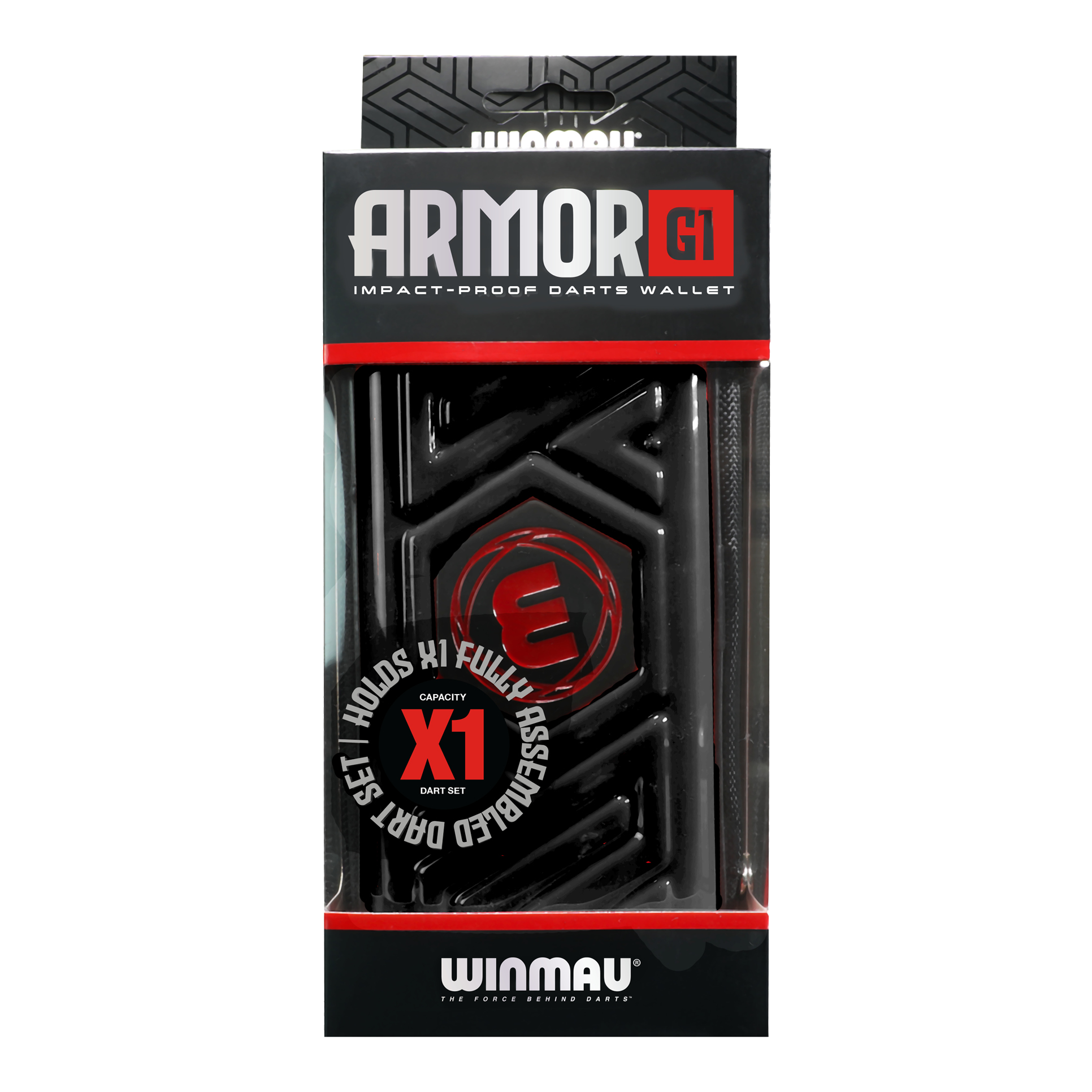 Portefeuille de fléchettes Winmau Armor G1 Das Bild zeigt eine schwarze Darttasche von Winmau mit dem Namen "Armor G1". Die Verpackung betont, dass sie stoßfest ist und ein vollständig montiertes Dart-Set aufnehmen kann.