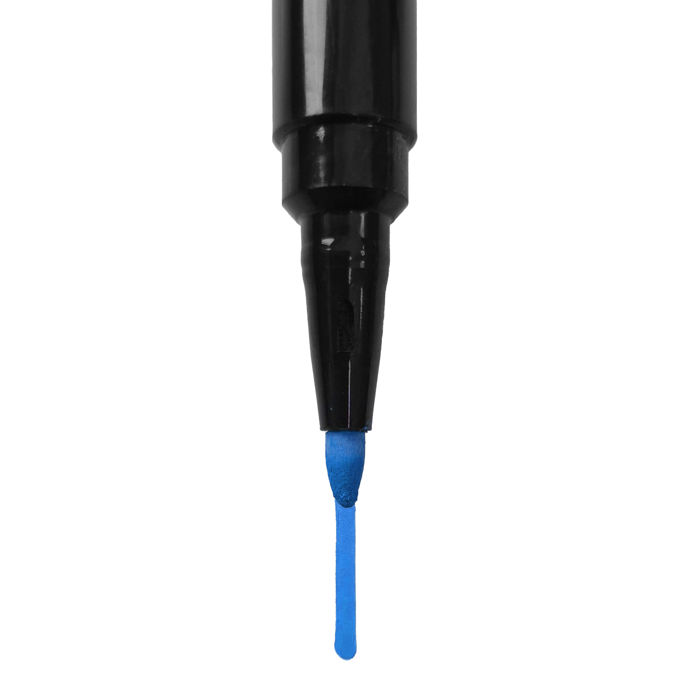 Auf dem Bild ist die Spitze eines blauen Boardmarkers zu sehen. Der Stift ist senkrecht ausgerichtet und die Kappe ist abgenommen.