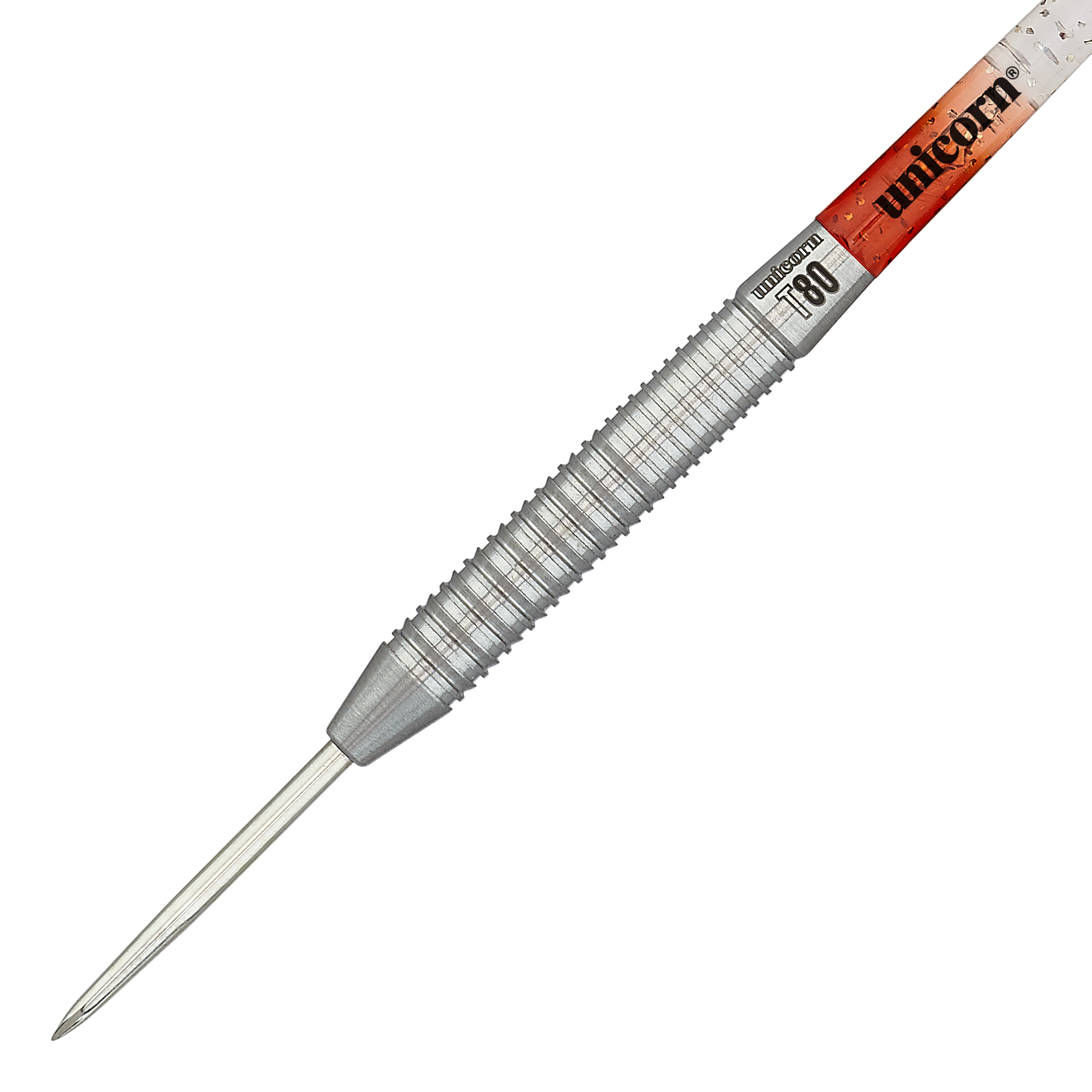 Fléchettes en acier Unicorn Core XL Striker Style 1 - 22 g Das Bild zeigt einen silberfarbenen Steeldart mit gerilltem Griff. Auf dem Schaft steht "Unicorn" und das Modell ist "Core XL Striker Style 1" mit 22g Gewicht.