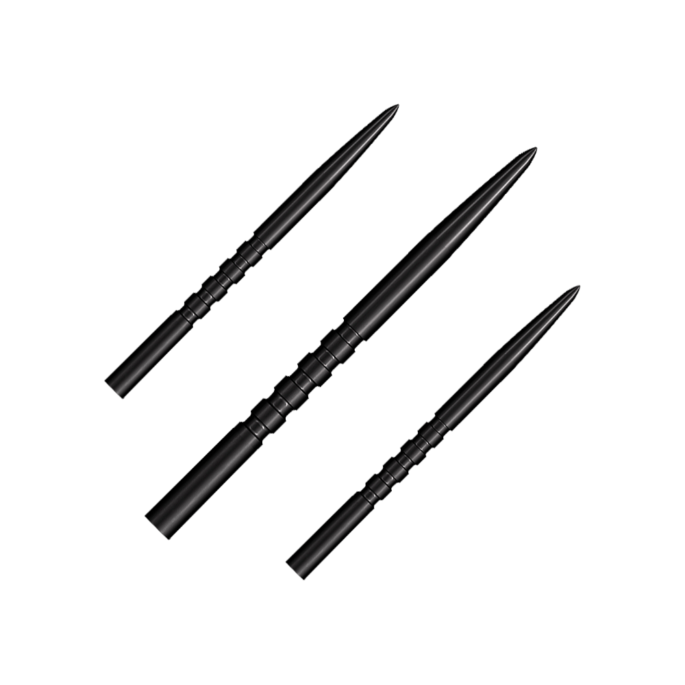 Pointes de fléchettes en acier Shot Grip Point - Noires Auf dem Bild sind drei schwarze Steeldartspitzen zu sehen. Sie haben eine geriffelte Griffzone und eine spitze Form.