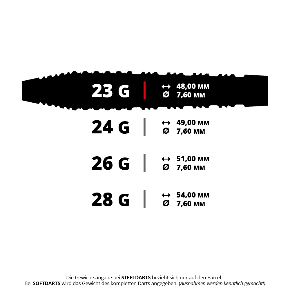 Fléchettes en acier Shot Alchemy Runstel Dieses Bild zeigt einen Shot Alchemy Runstel Steeldart mit einem Gewicht von 23 Gramm. Es ist ein professioneller Dartpfeil für Steeldart-Spieler.