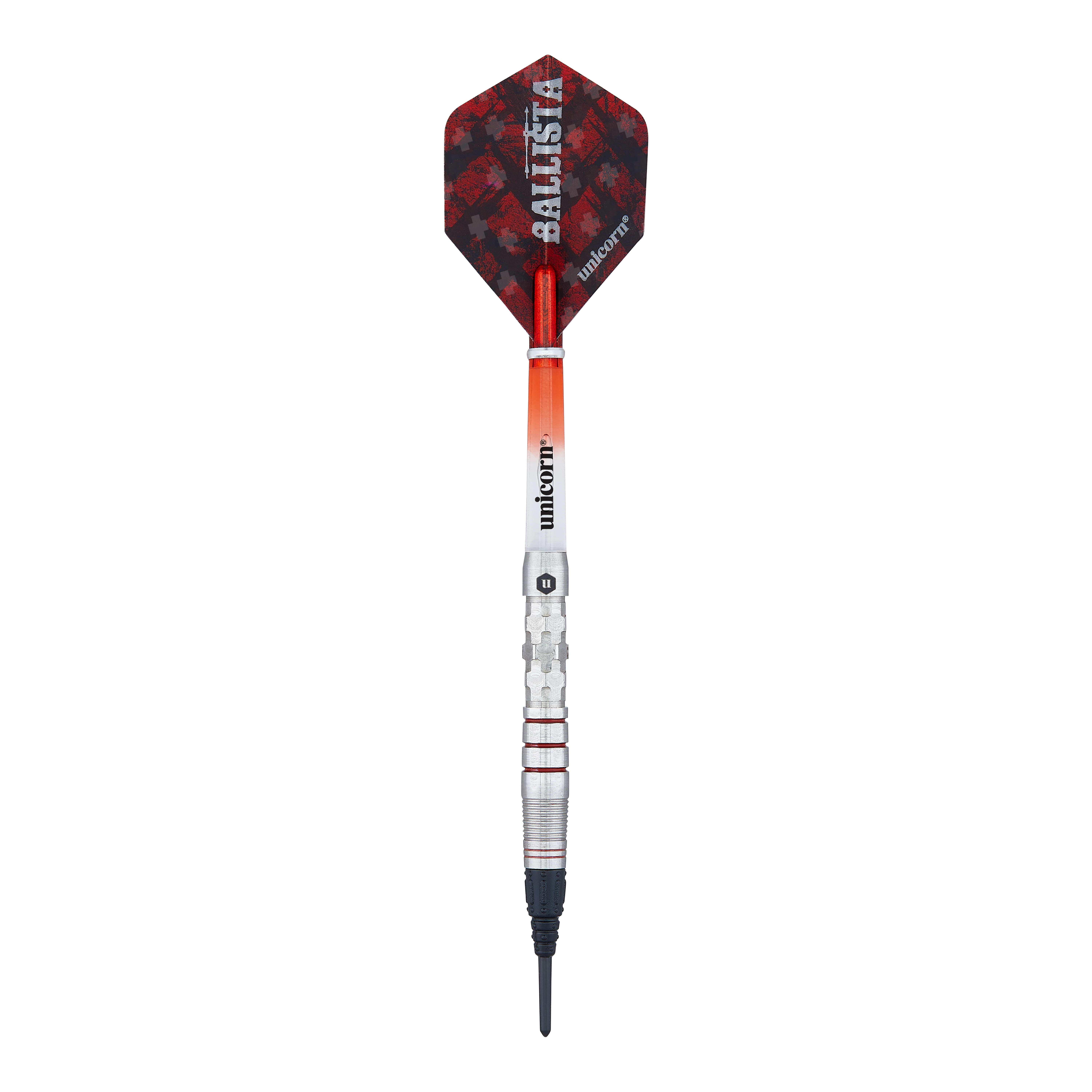 Fléchettes souples Unicorn Ballista Style 3 Das Bild zeigt einen Softdart der Marke "Unicorn Ballista Style 3". Der Dart hat eine silberne Spitze, ein rot-schwarzes Flight und einen metallischen Schaft mit roten Akzenten.