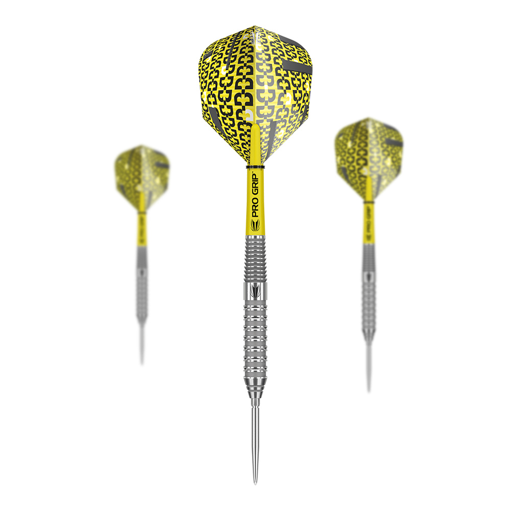 Fléchettes en acier Target Bolide 02 Swiss Point Das Bild zeigt drei Target Bolide 02 Swiss Point Steeldarts mit silbernem Schaft und gelb-schwarzem Flight. Die Darts haben den Aufdruck "PRO GRIP" auf dem Schaft.