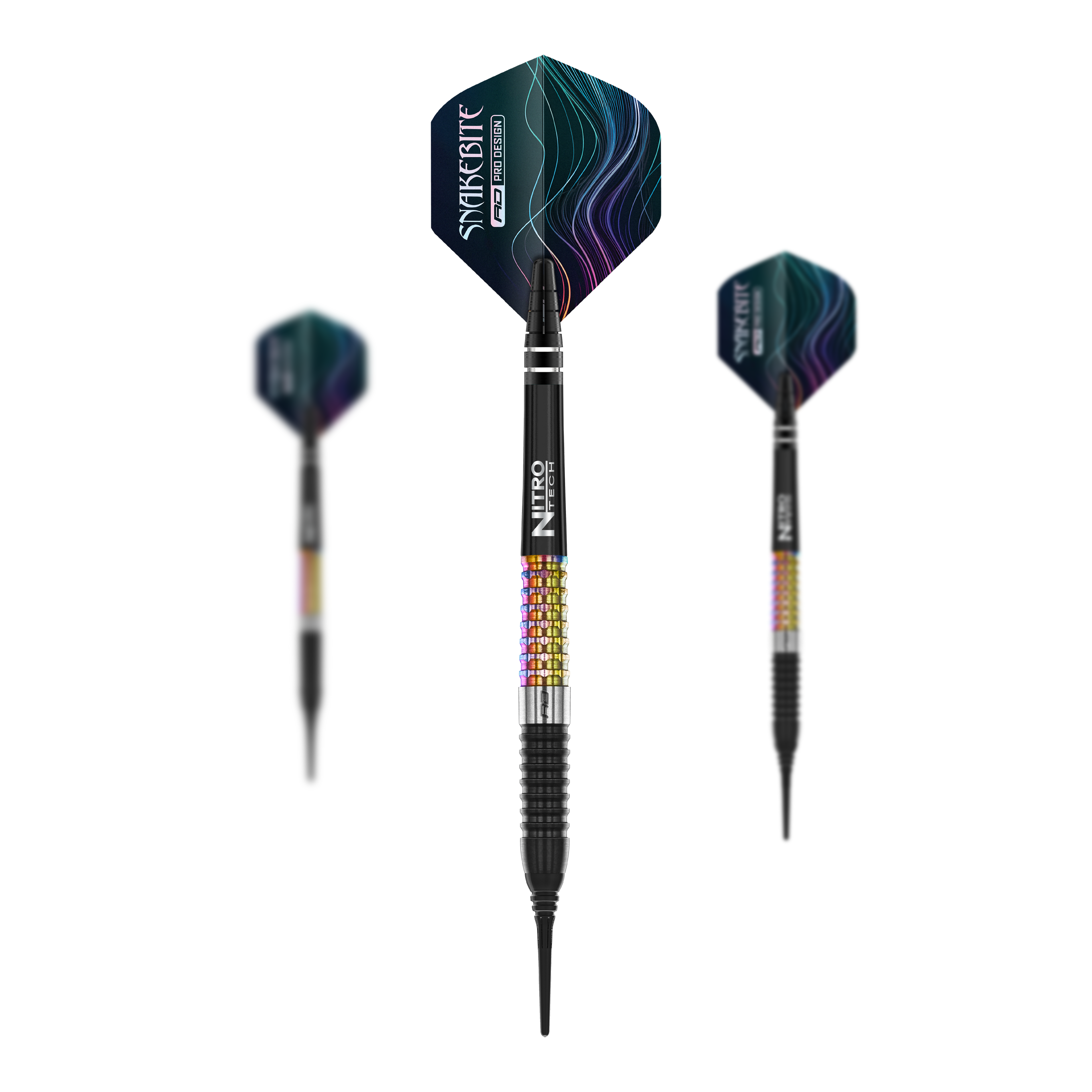 Fléchettes souples Red Dragon Peter Wright Corra - 18 g Das Bild zeigt drei Softdarts des Modells „Red Dragon Peter Wright Corra Softdarts - 18g“. Die Darts haben bunte, strukturierte Griffe und schwarze Flights mit einem wellenförmigen Muster.