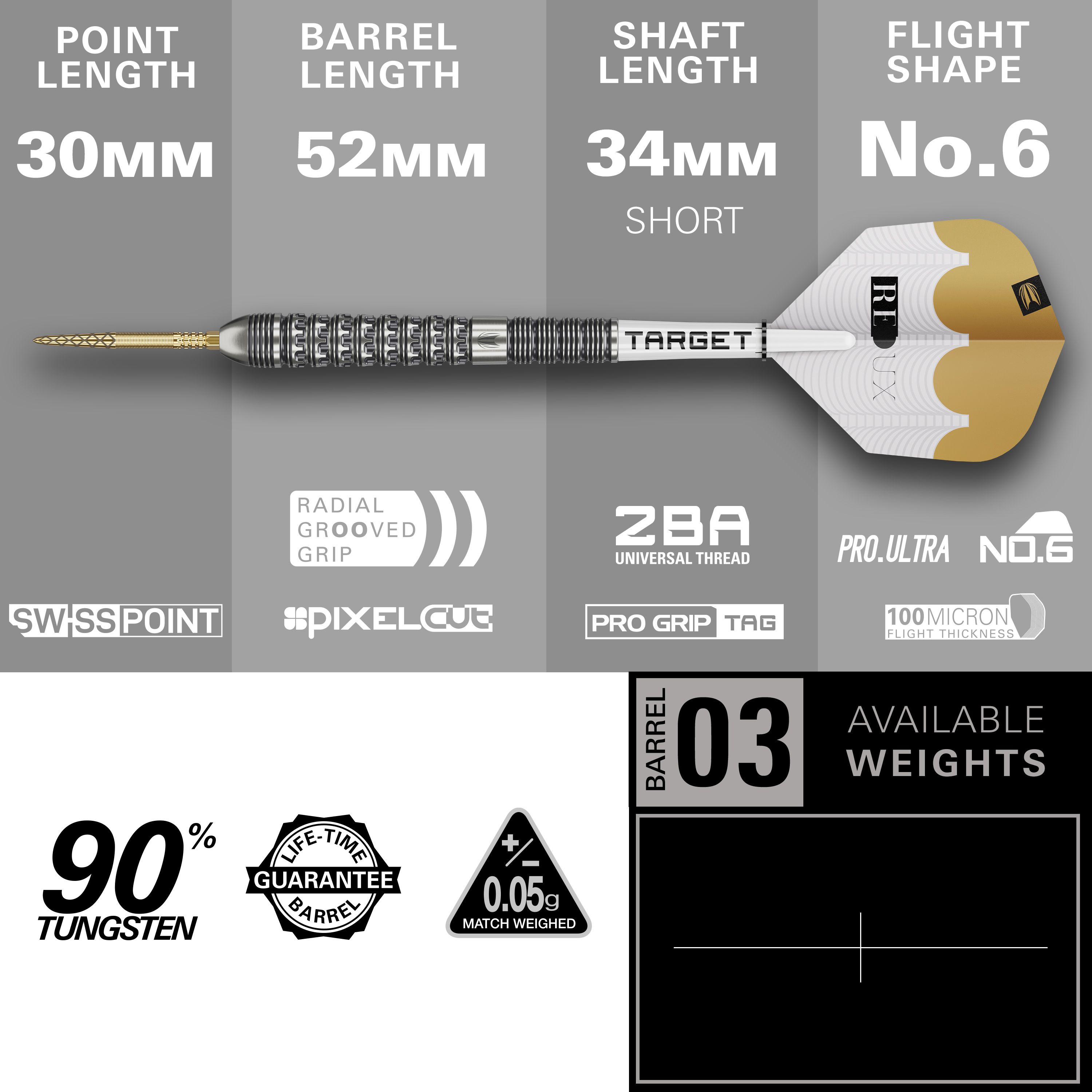 Hier sind die Target Redux 03 Swiss Point Steeldarts dargestellt. Sie zeichnen sich durch ein modernes Design für Dartspieler aus.